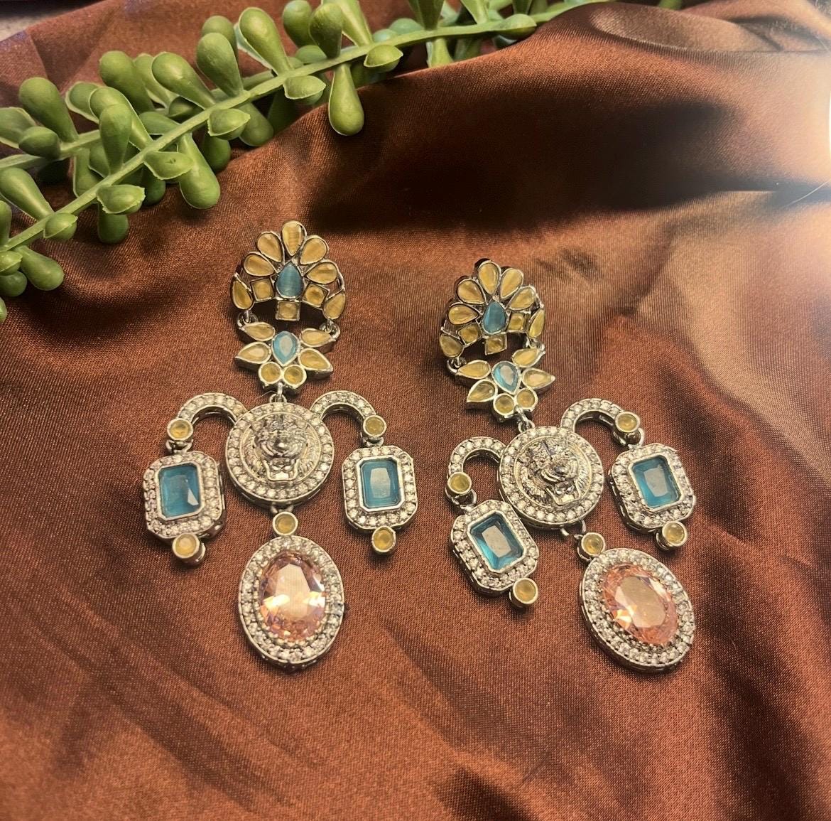 Sabyasachi Inspired Multicolour Earrings: Silver Finish Bridal Jewelry