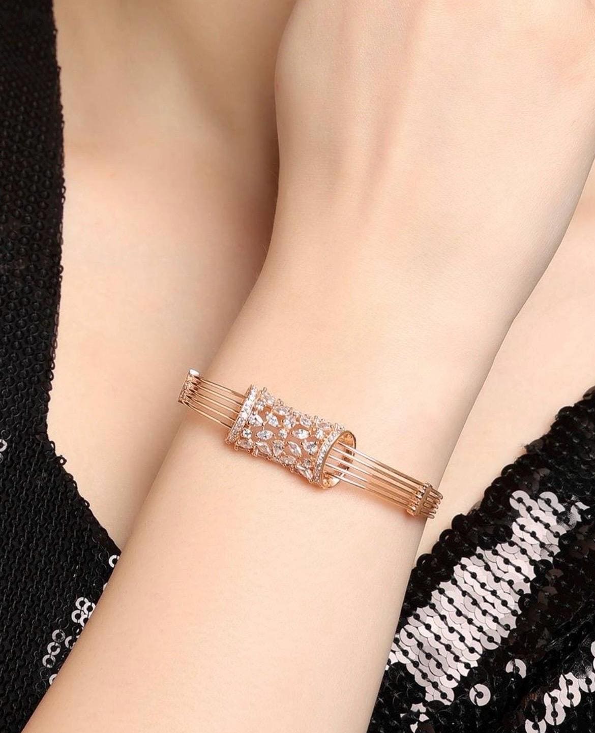 Rose Gold Multi-Wire Cuff Bracelet with Marquise Crystals  Bridal Wedding Jewelry Bangle