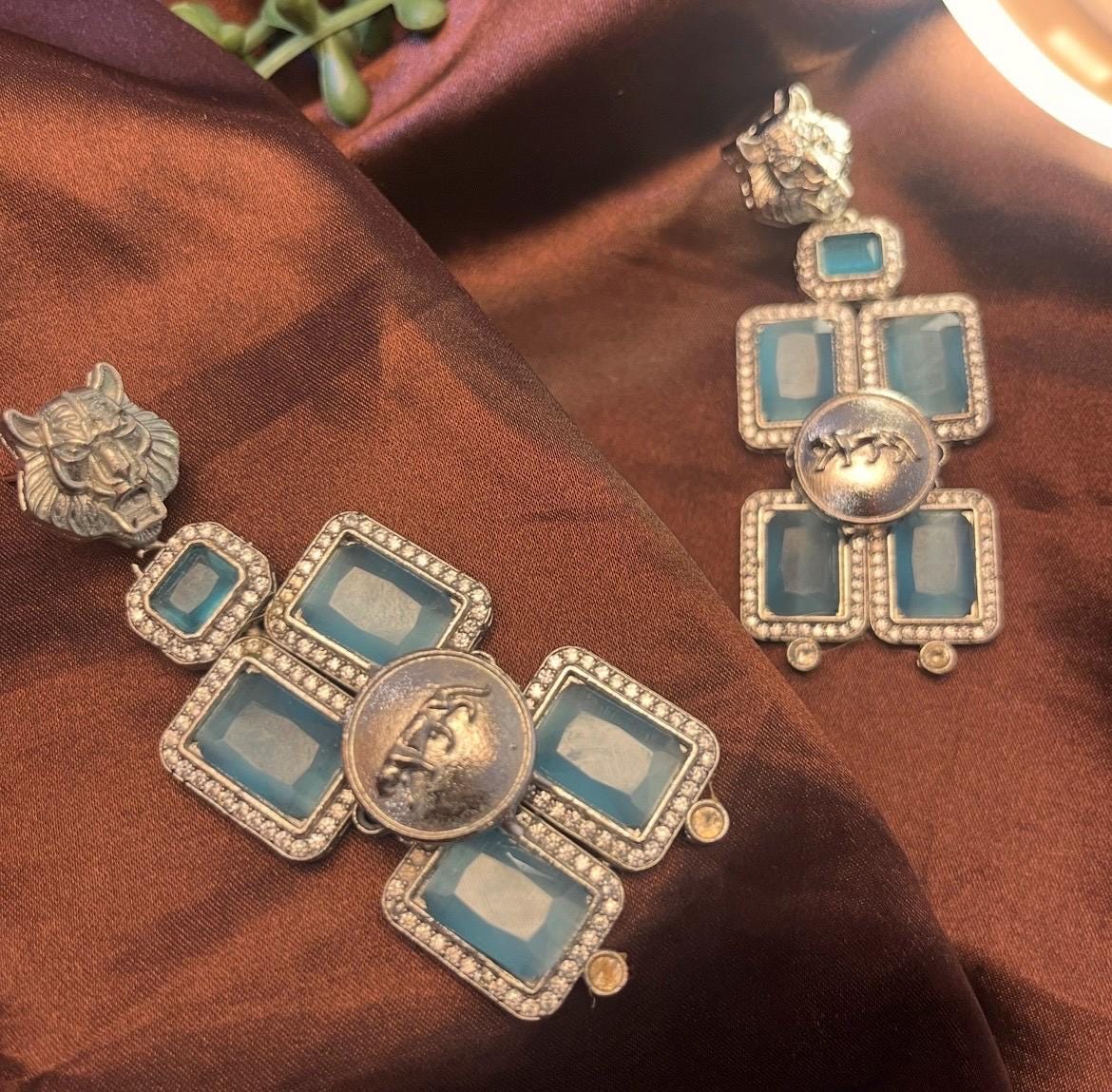 Sabyasachi Inspired Sky blue Premium Earrings| Silver finish | Trendy  Bridal Collection