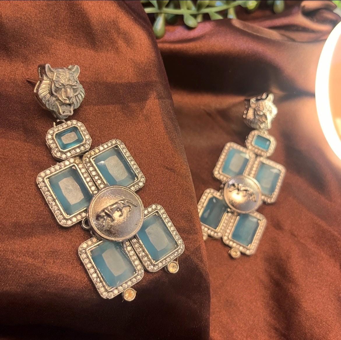 Sabyasachi Inspired Sky blue Premium Earrings| Silver finish | Trendy  Bridal Collection