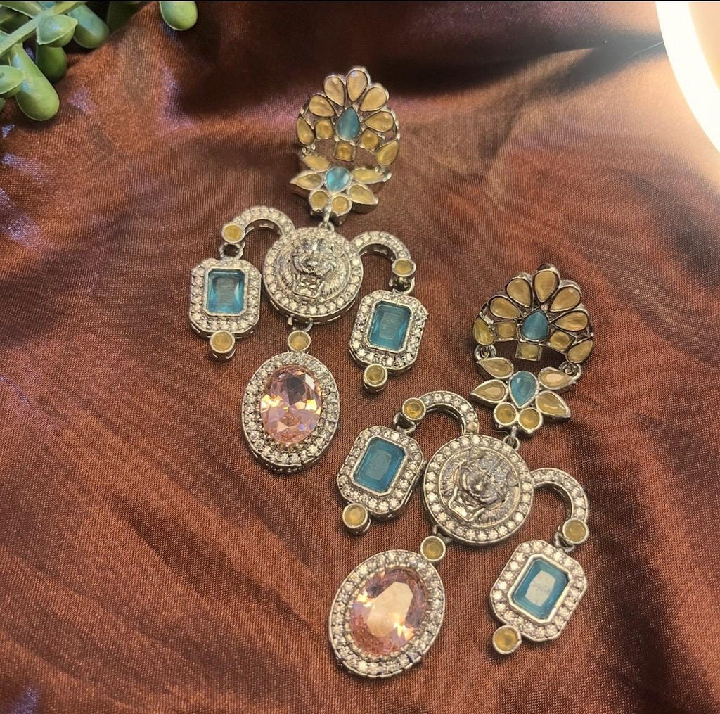 Sabyasachi Inspired Multicolour Earrings: Silver Finish Bridal Jewelry