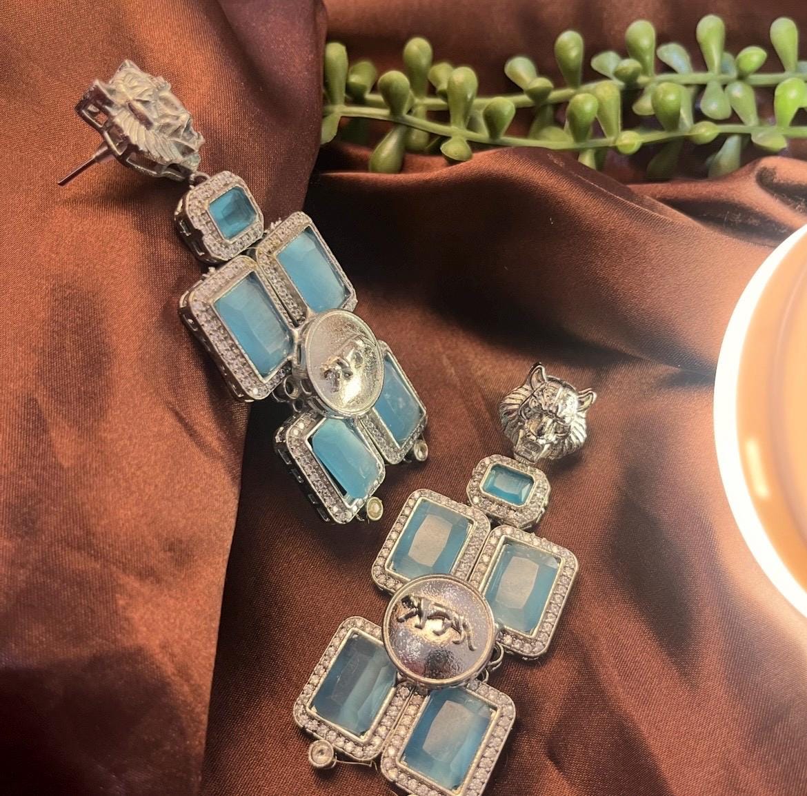 Sabyasachi Inspired Sky blue Premium Earrings| Silver finish | Trendy  Bridal Collection