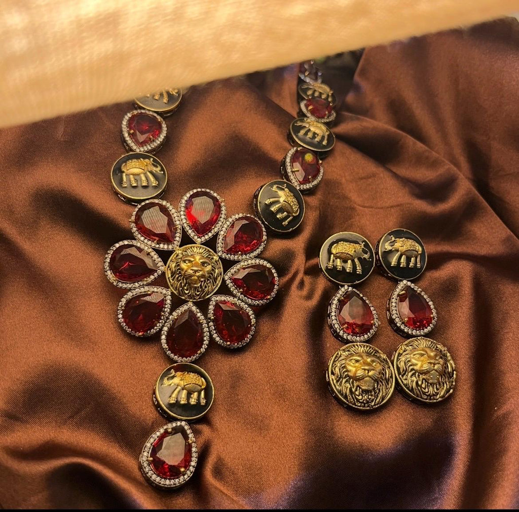 Sabyasachi Inspired Oxidised Premium Maroon Red Stone Neckset | Trendy Bridal Collection | Red Stone Necklace