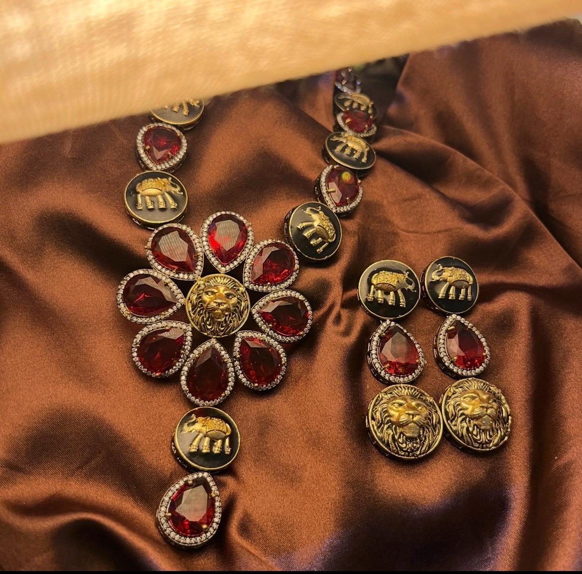 Sabyasachi Inspired Oxidised Premium Maroon Red Stone Neckset | Trendy Bridal Collection | Red Stone Necklace