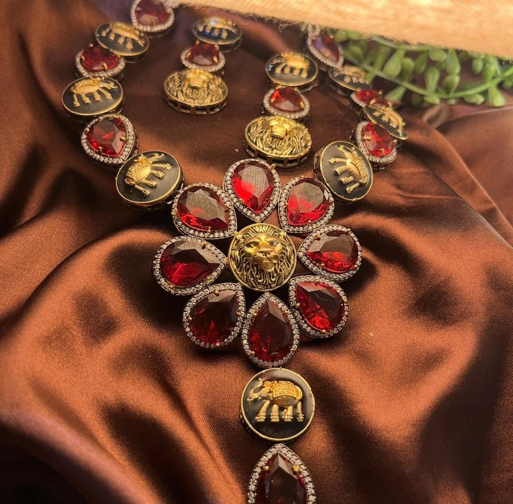 Sabyasachi Inspired Oxidised Premium Maroon Red Stone Neckset | Trendy Bridal Collection | Red Stone Necklace