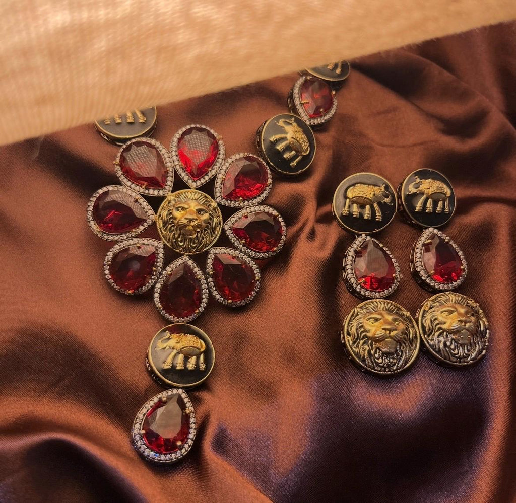 Sabyasachi Inspired Oxidised Premium Maroon Red Stone Neckset | Trendy Bridal Collection | Red Stone Necklace
