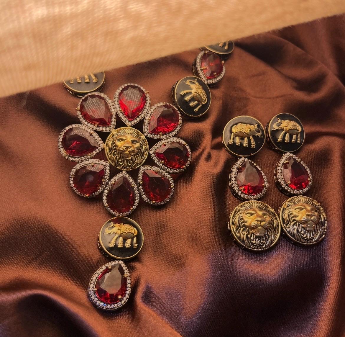 Sabyasachi Inspired Oxidised Premium Maroon Red Stone Neckset | Trendy Bridal Collection | Red Stone Necklace