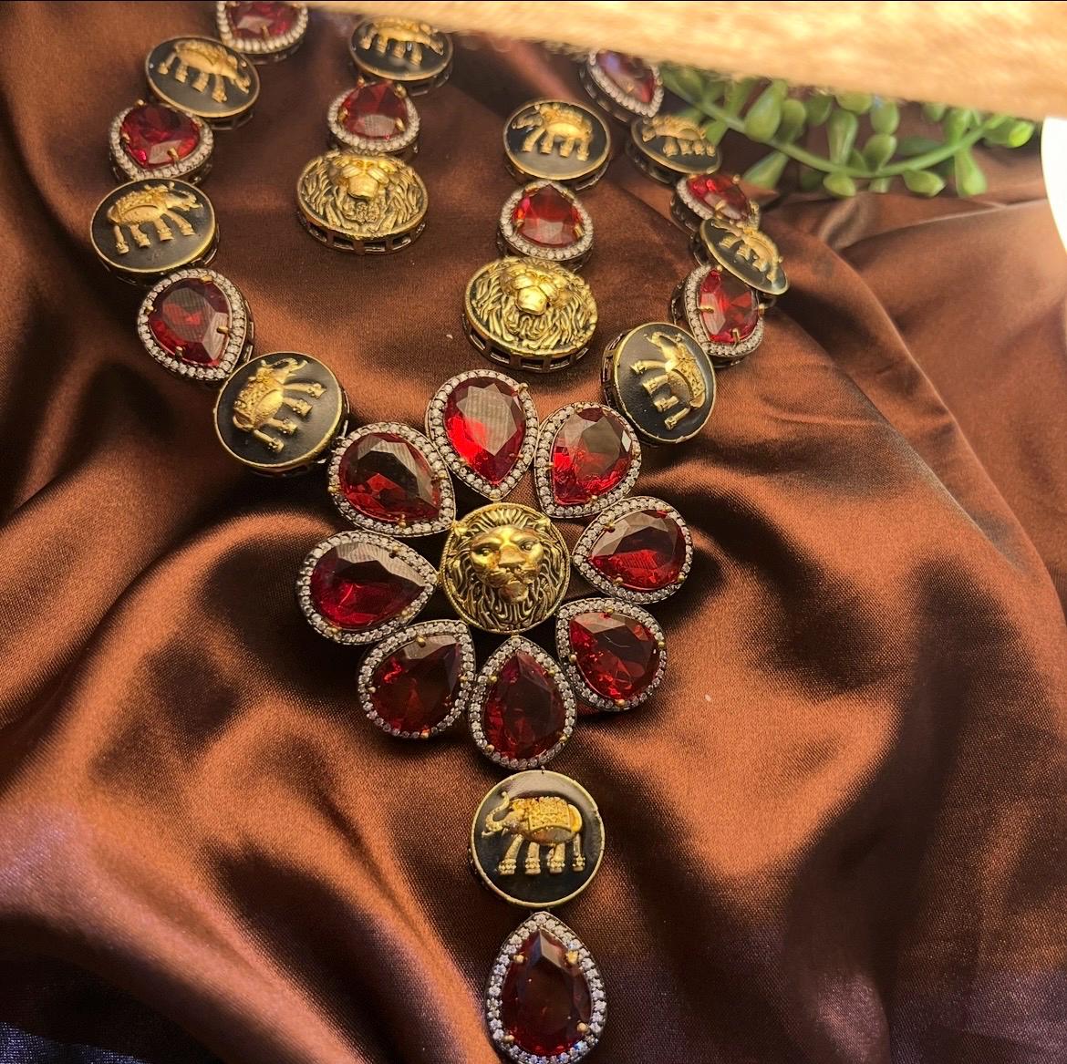 Sabyasachi Inspired Oxidised Premium Maroon Red Stone Neckset | Trendy Bridal Collection | Red Stone Necklace