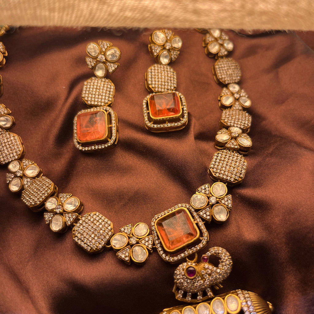 Moonstone Kundan Neckset with detailed trendy design and earrings  | Indian Jewellery