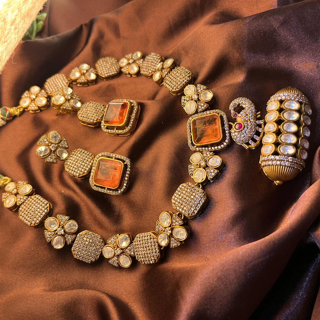 Moonstone Kundan Neckset with detailed trendy design and earrings  | Indian Jewellery