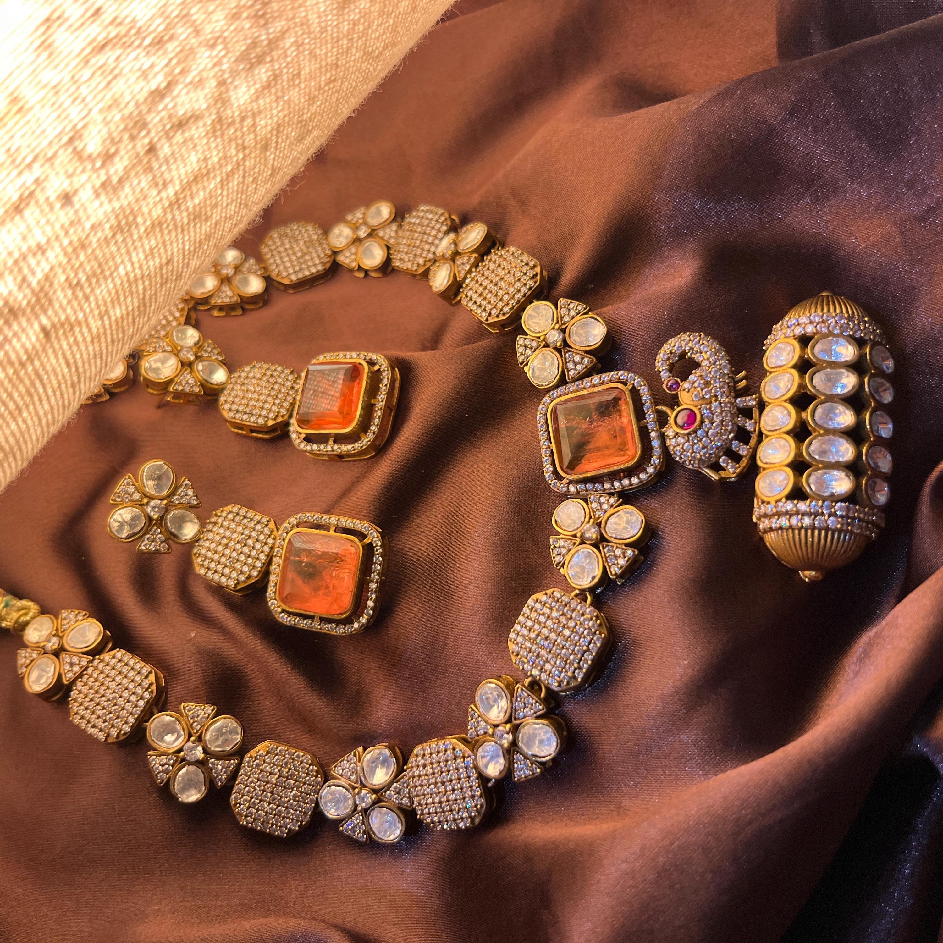 Moonstone Kundan Neckset with detailed trendy design and earrings  | Indian Jewellery
