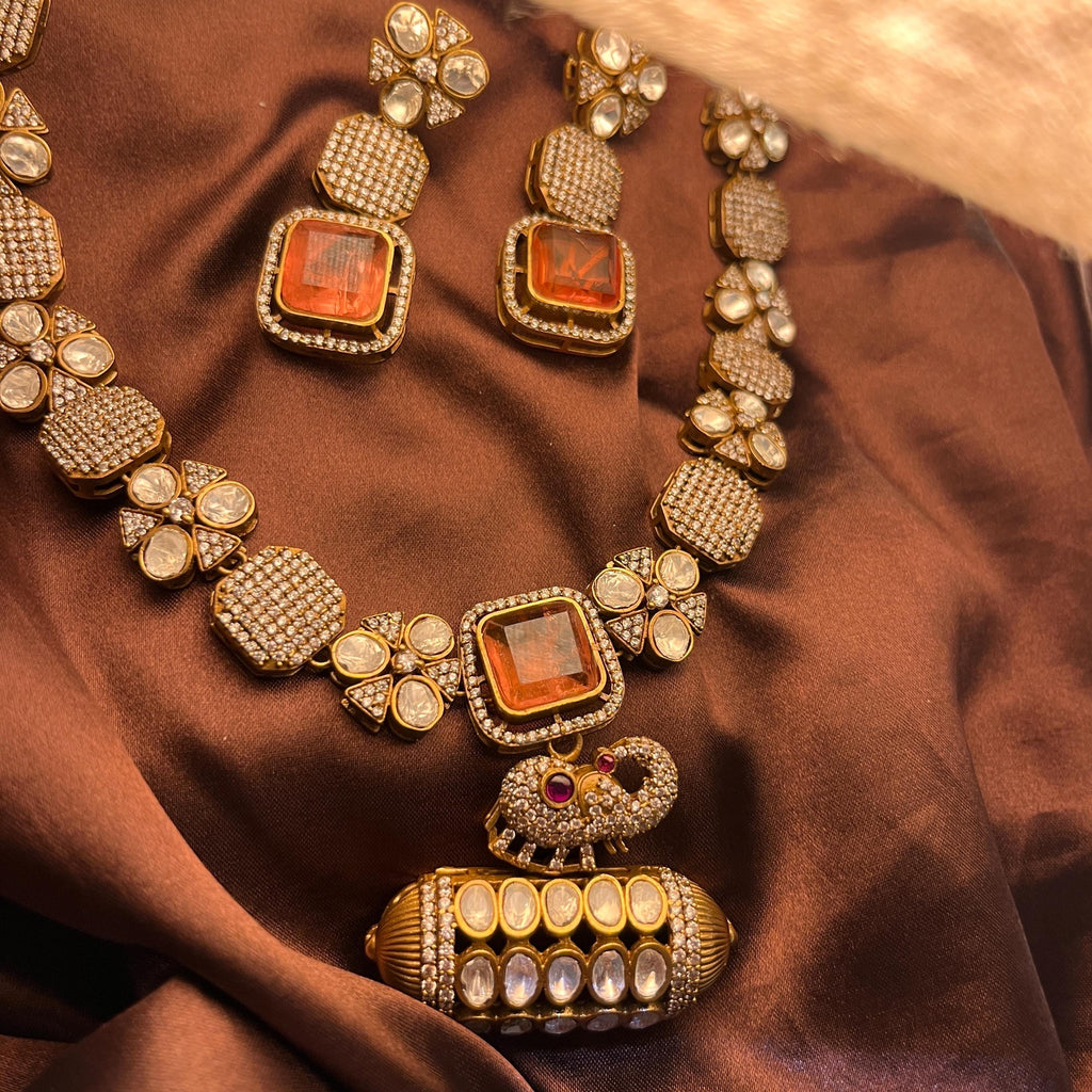 Moonstone Kundan Neckset with detailed trendy design and earrings  | Indian Jewellery