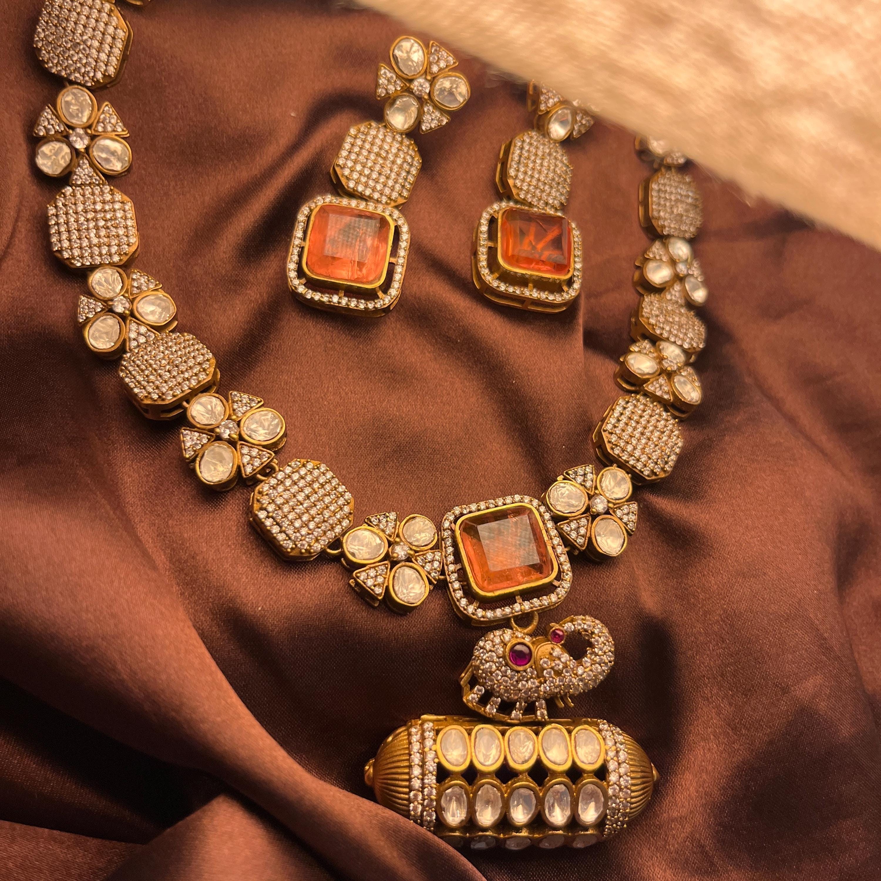 Moonstone Kundan Neckset with detailed trendy design and earrings  | Indian Jewellery
