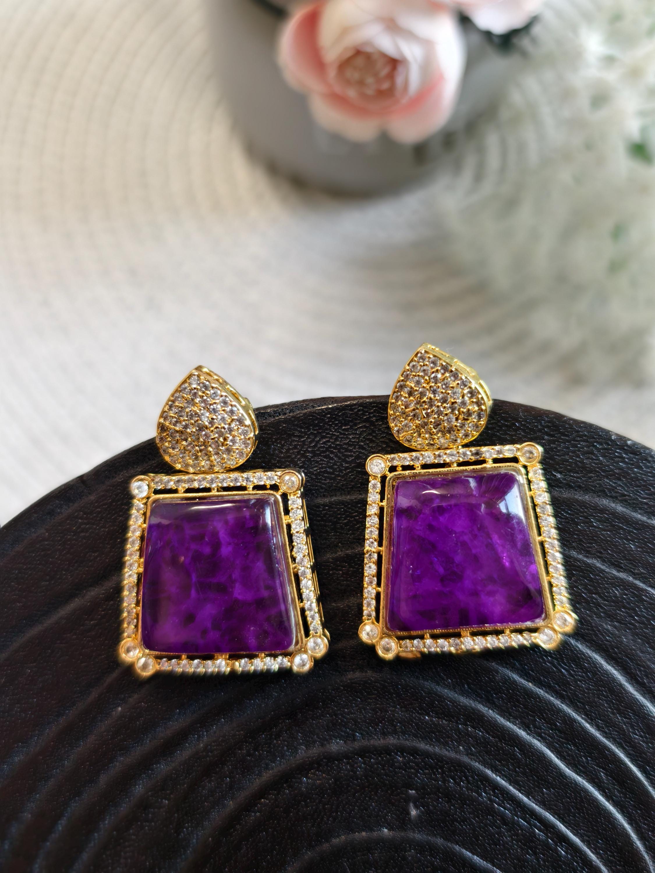 Amethyst Kundan Jewelry Set | Gold Plated Indian Necklace & Earrings
