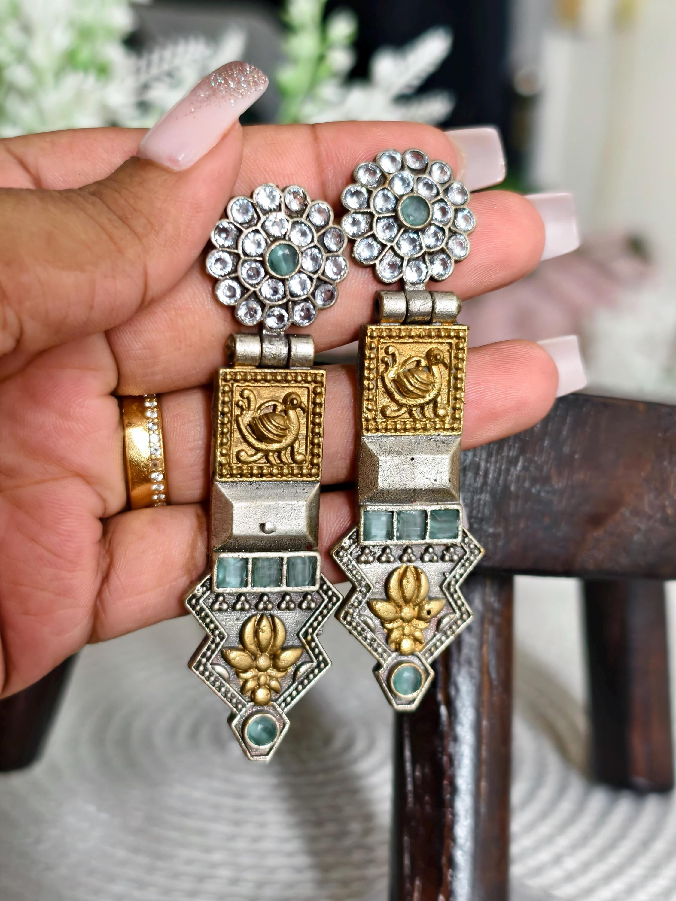 Elegant Rajwadi Style Silver replica Earrings with dual finish | Classy Elegance | Indian Jewellery