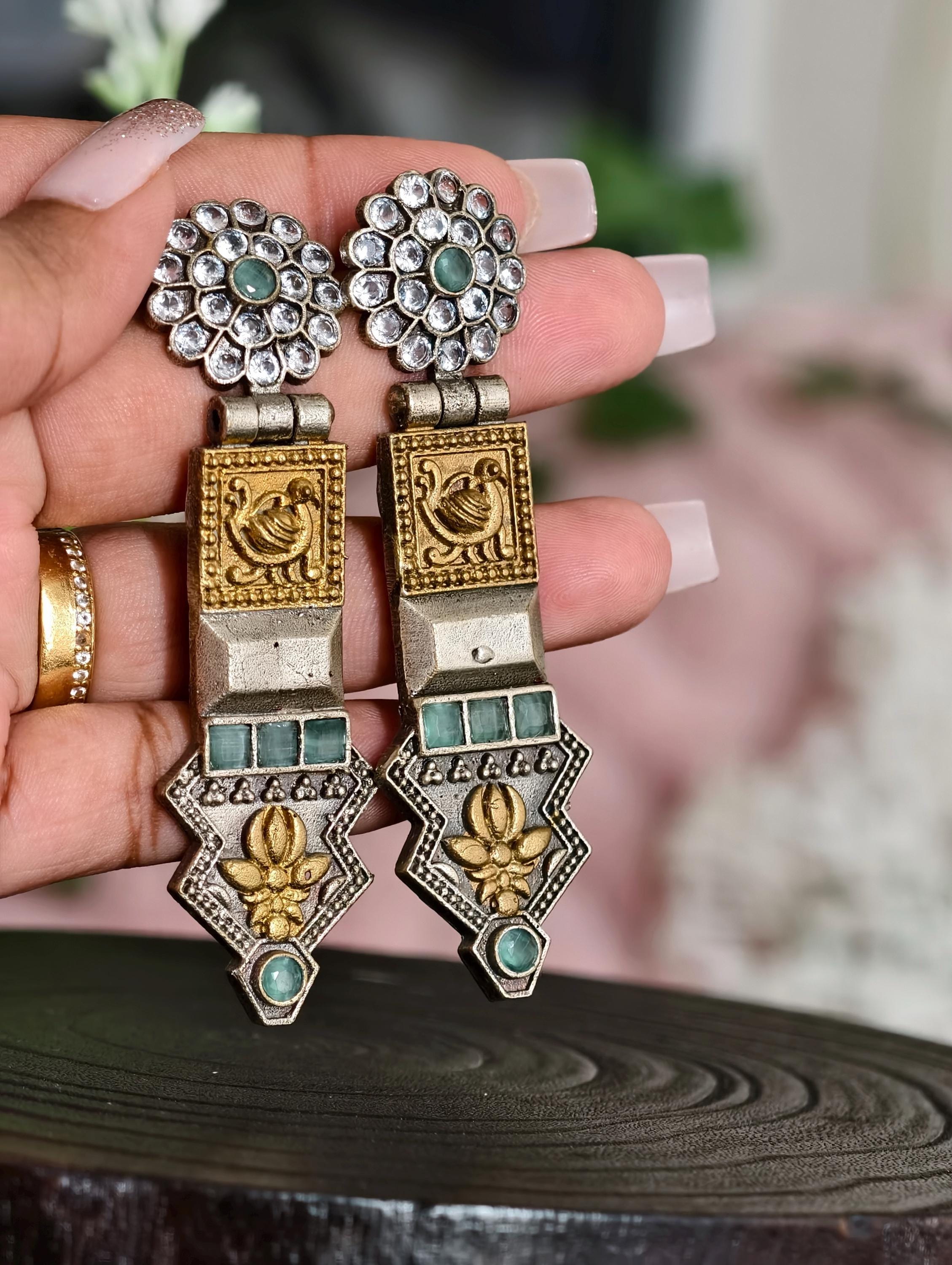 Elegant Rajwadi Style Silver replica Earrings with dual finish | Classy Elegance | Indian Jewellery