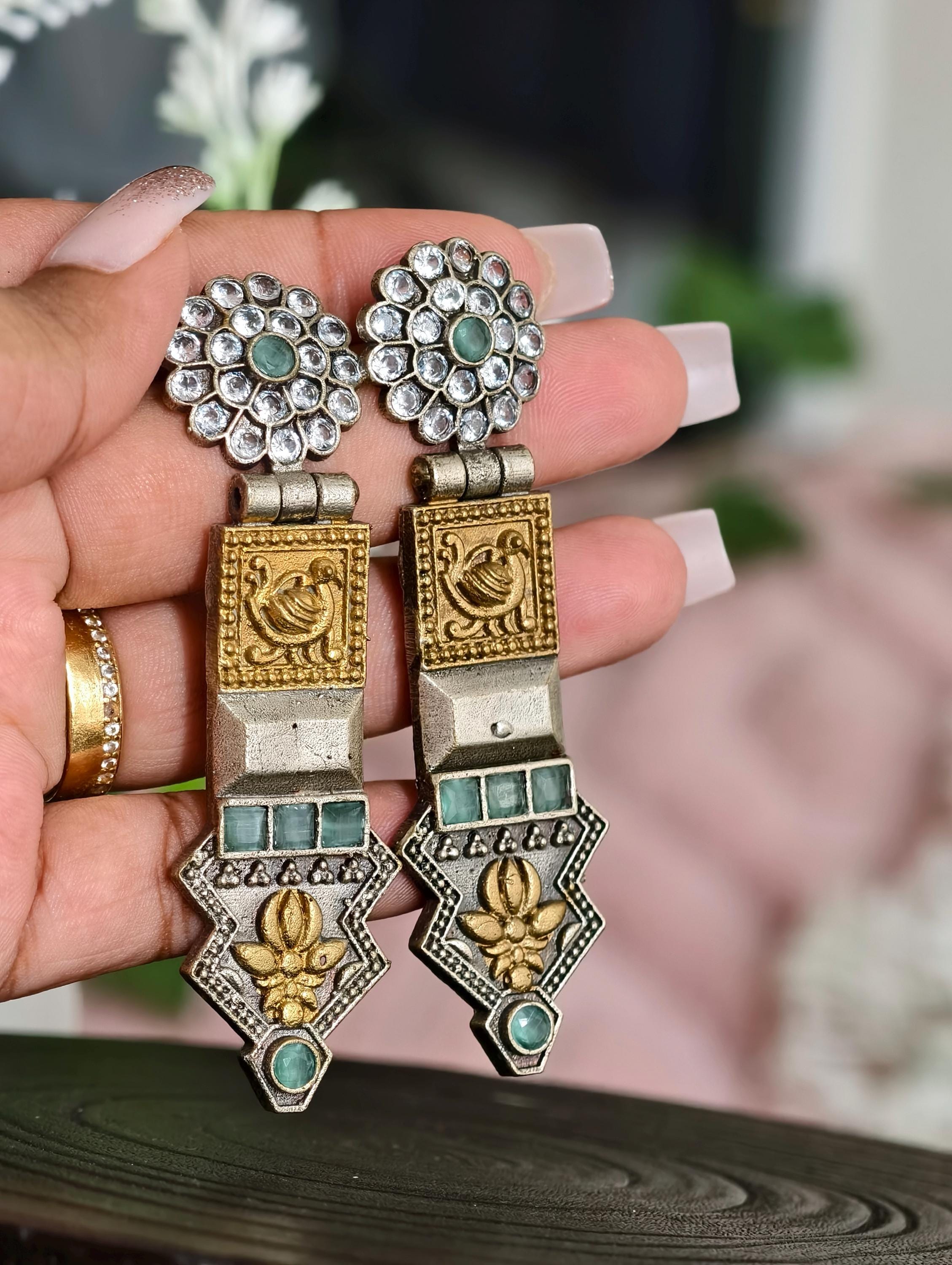 Elegant Rajwadi Style Silver replica Earrings with dual finish | Classy Elegance | Indian Jewellery
