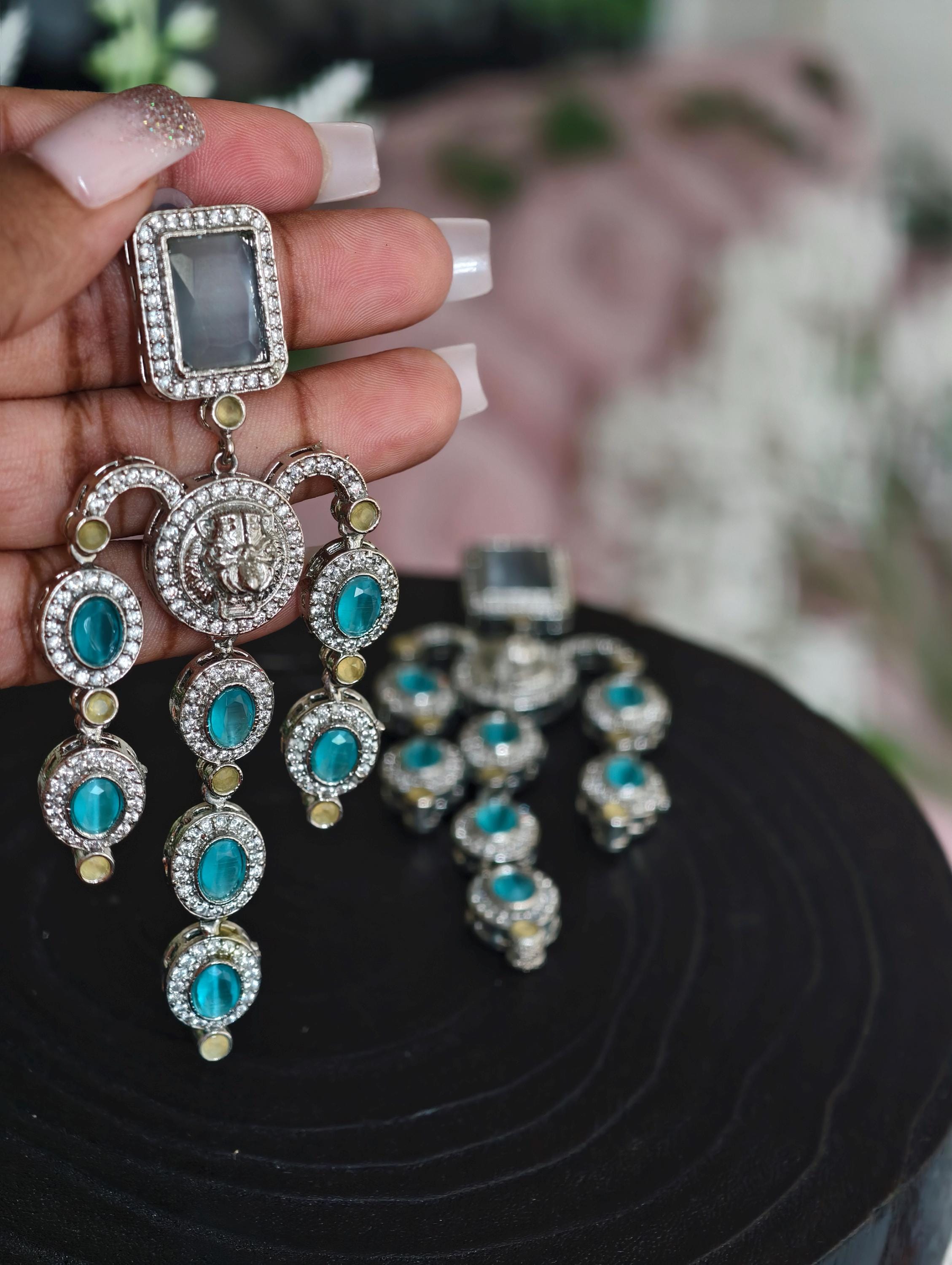 Royal Lion Head Chandelier Earrings  Antique Silver Teal Gemstone Jhumkas