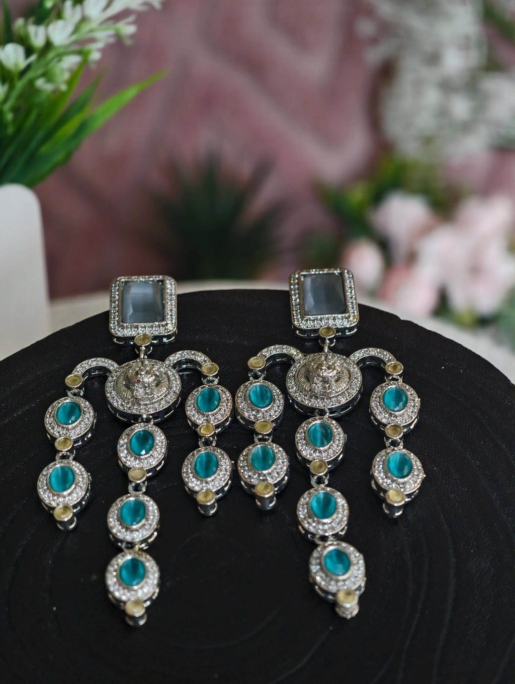 Royal Lion Head Chandelier Earrings  Antique Silver Teal Gemstone Jhumkas