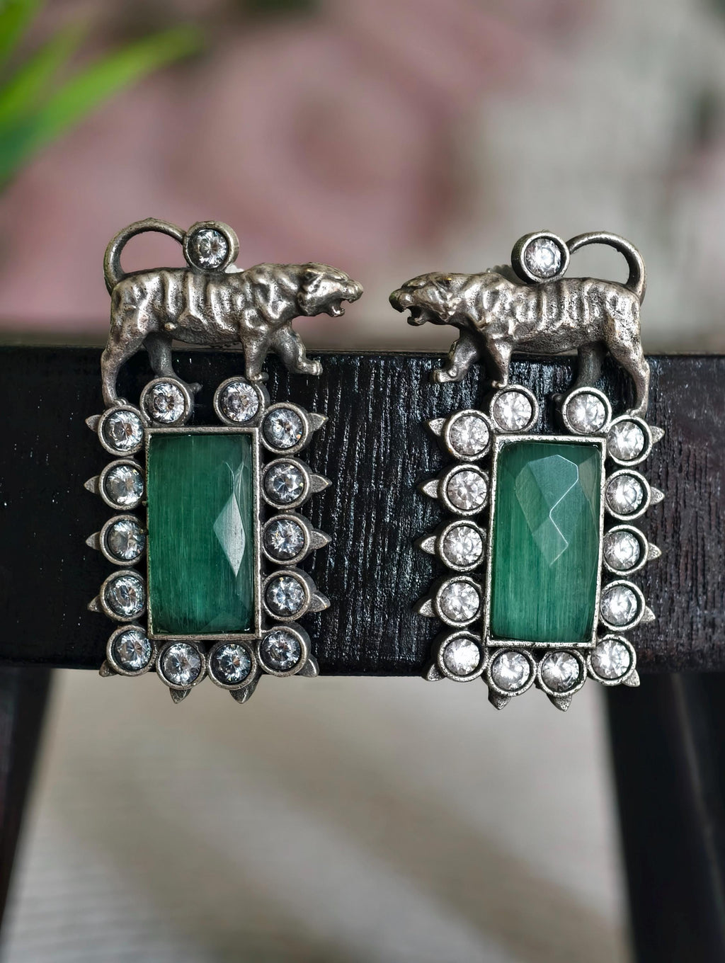Bengal Tiger Emerald Green Studs | Victorian Finish Indian Earrings