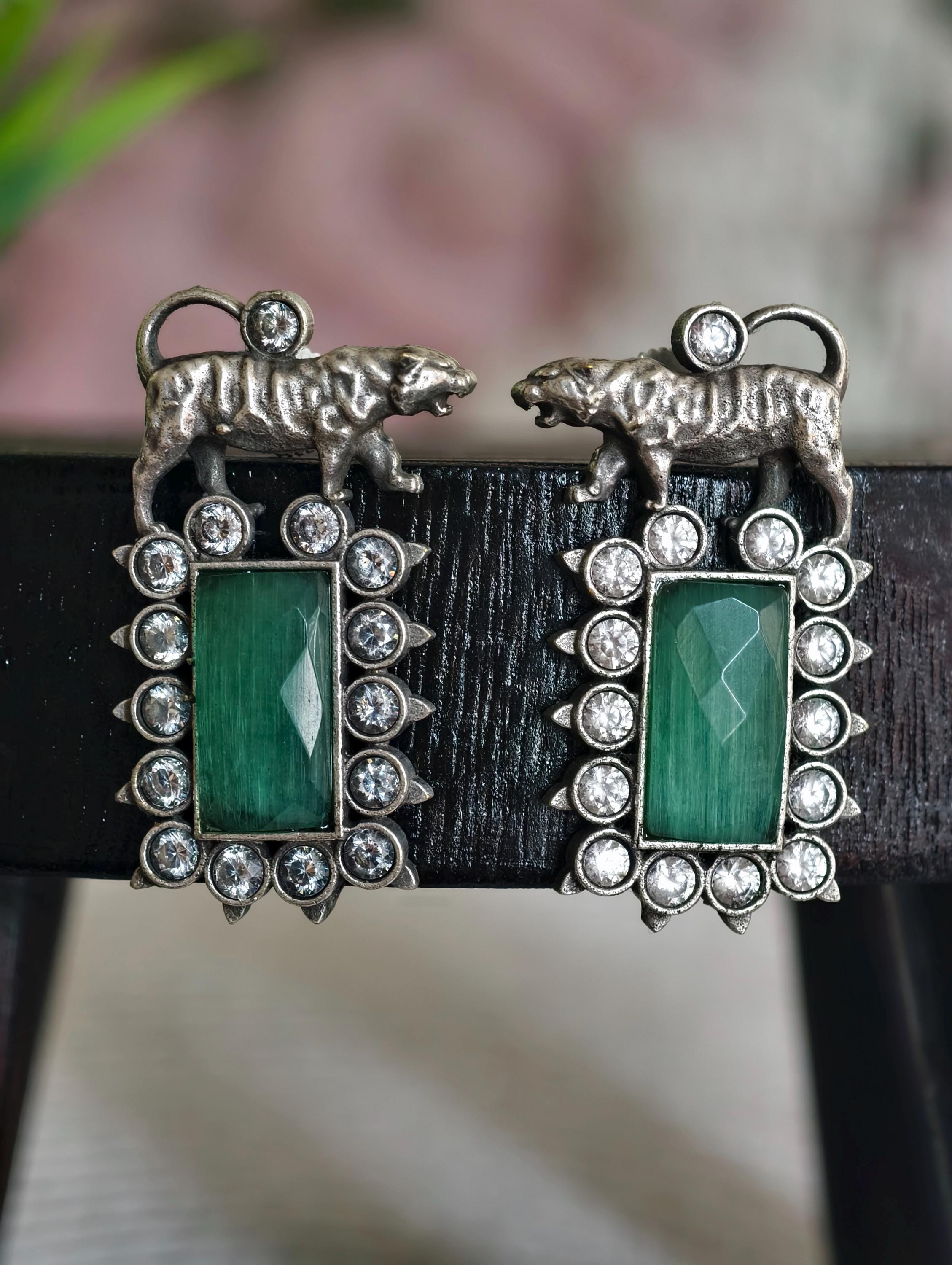 Bengal Tiger Emerald Green Studs | Victorian Finish Indian Earrings