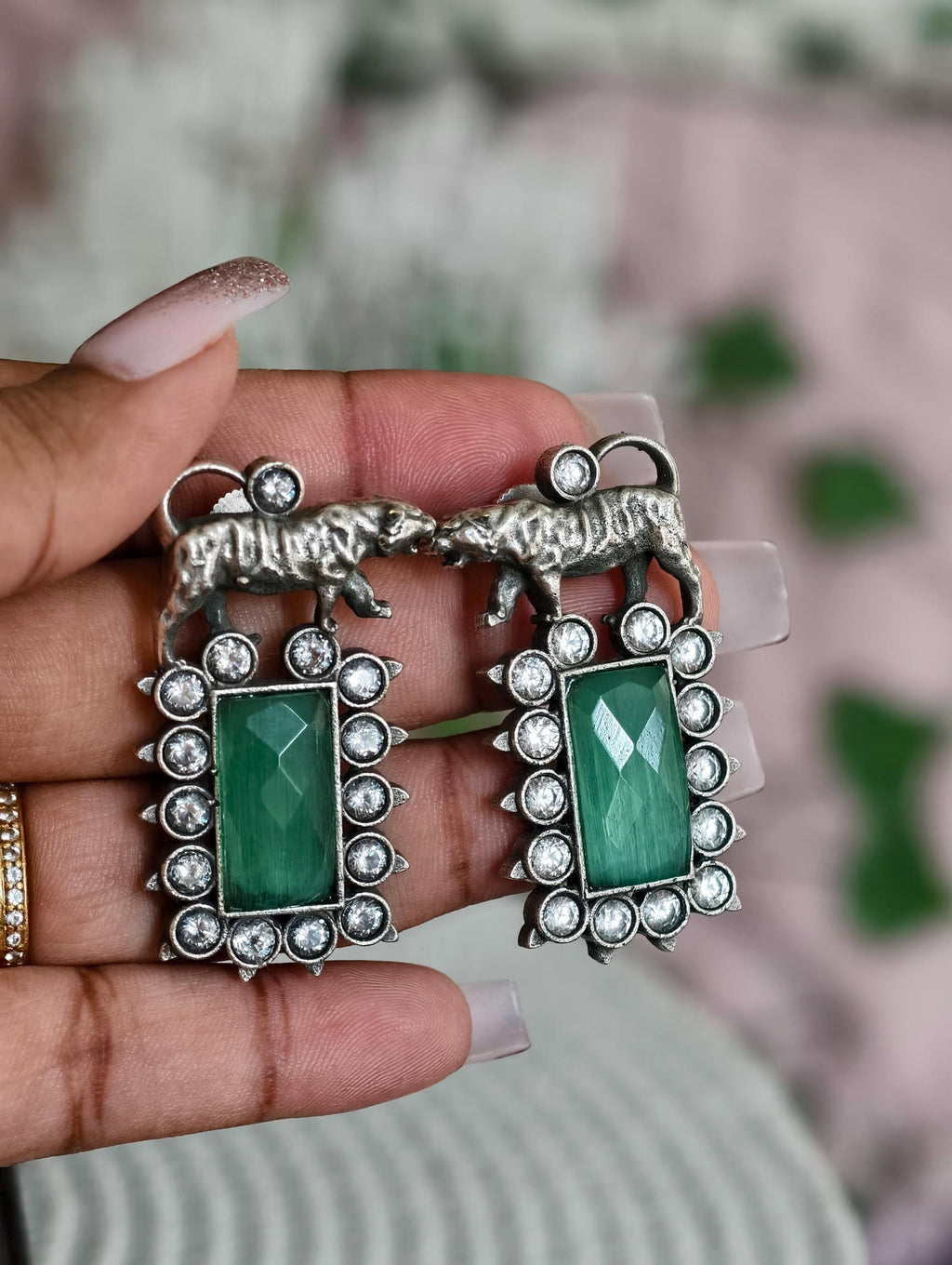 Bengal Tiger Emerald Green Studs | Victorian Finish Indian Earrings