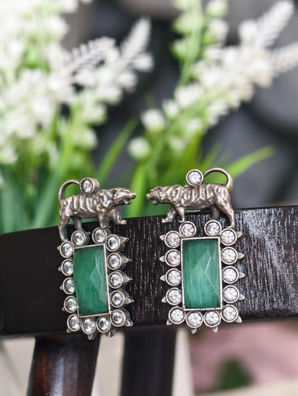 Bengal Tiger Emerald Green Studs | Victorian Finish Indian Earrings