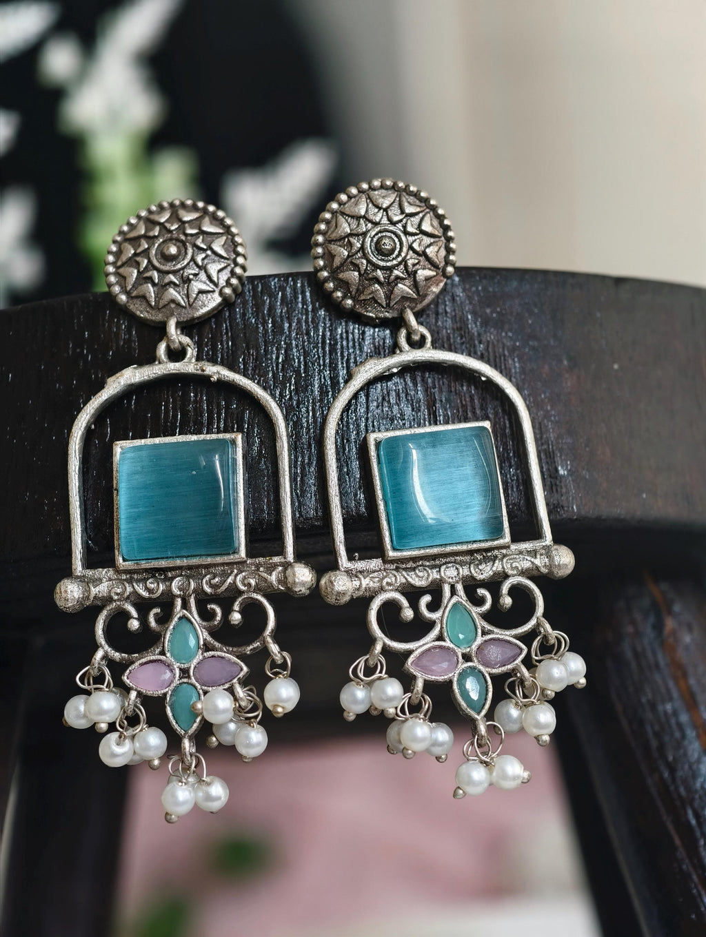 Silver Replica Earrings: Classy Indian Jewelry, Sky Blue Accent