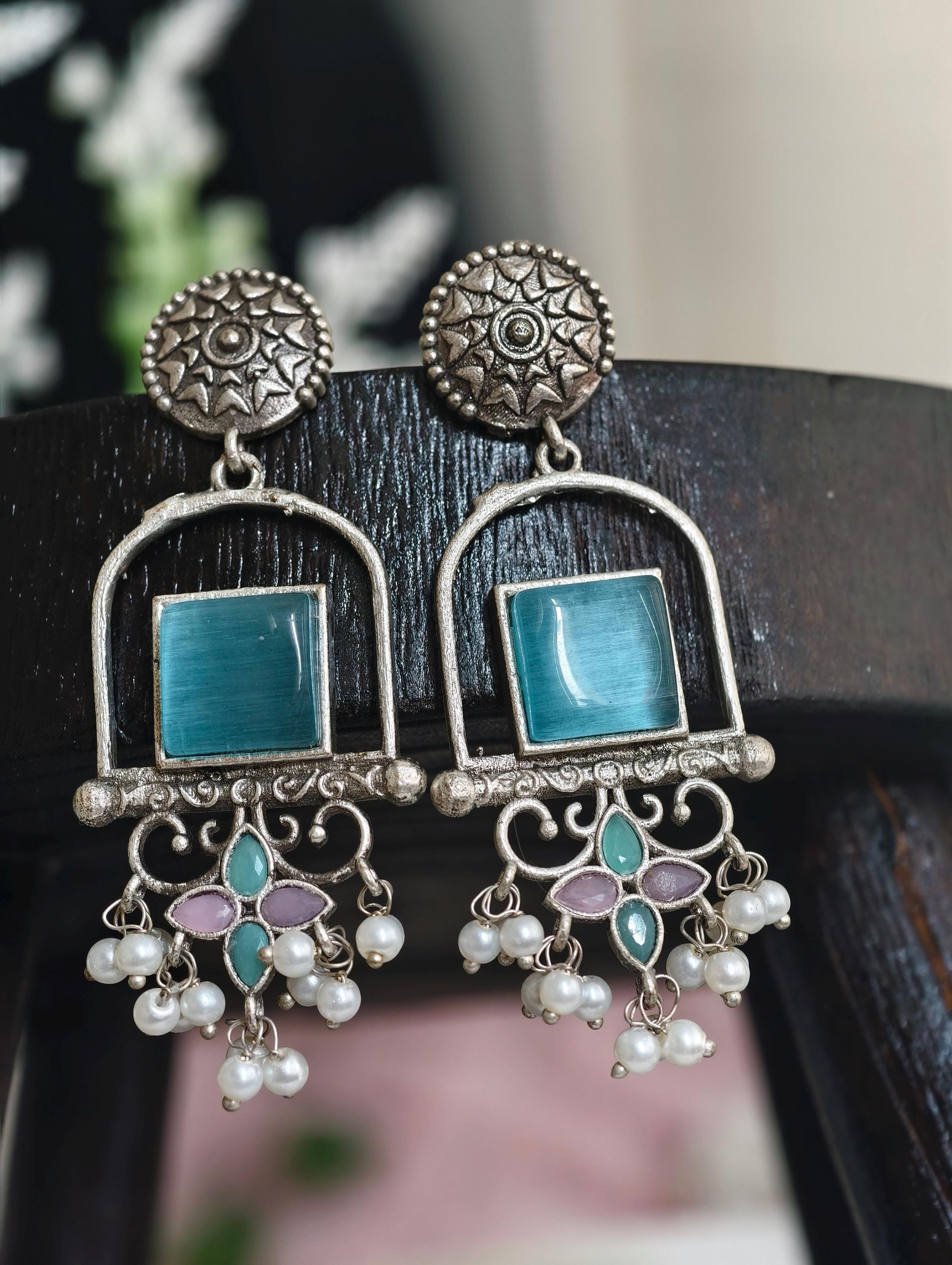 Silver Replica Earrings: Classy Indian Jewelry, Sky Blue Accent