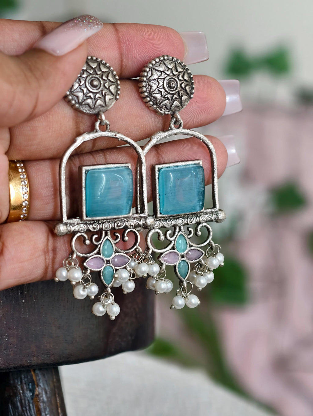 Silver Replica Earrings: Classy Indian Jewelry, Sky Blue Accent