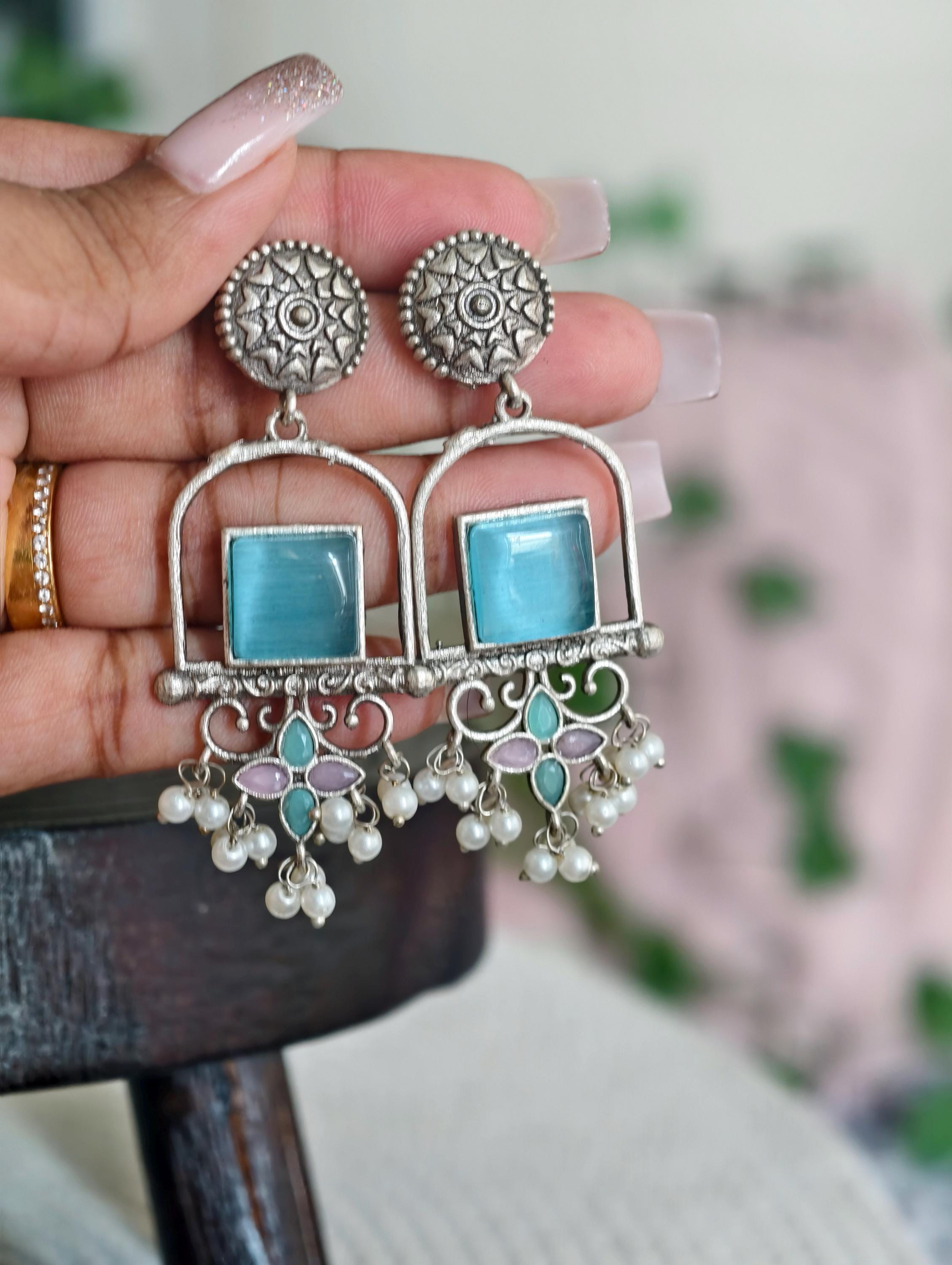 Silver Replica Earrings: Classy Indian Jewelry, Sky Blue Accent