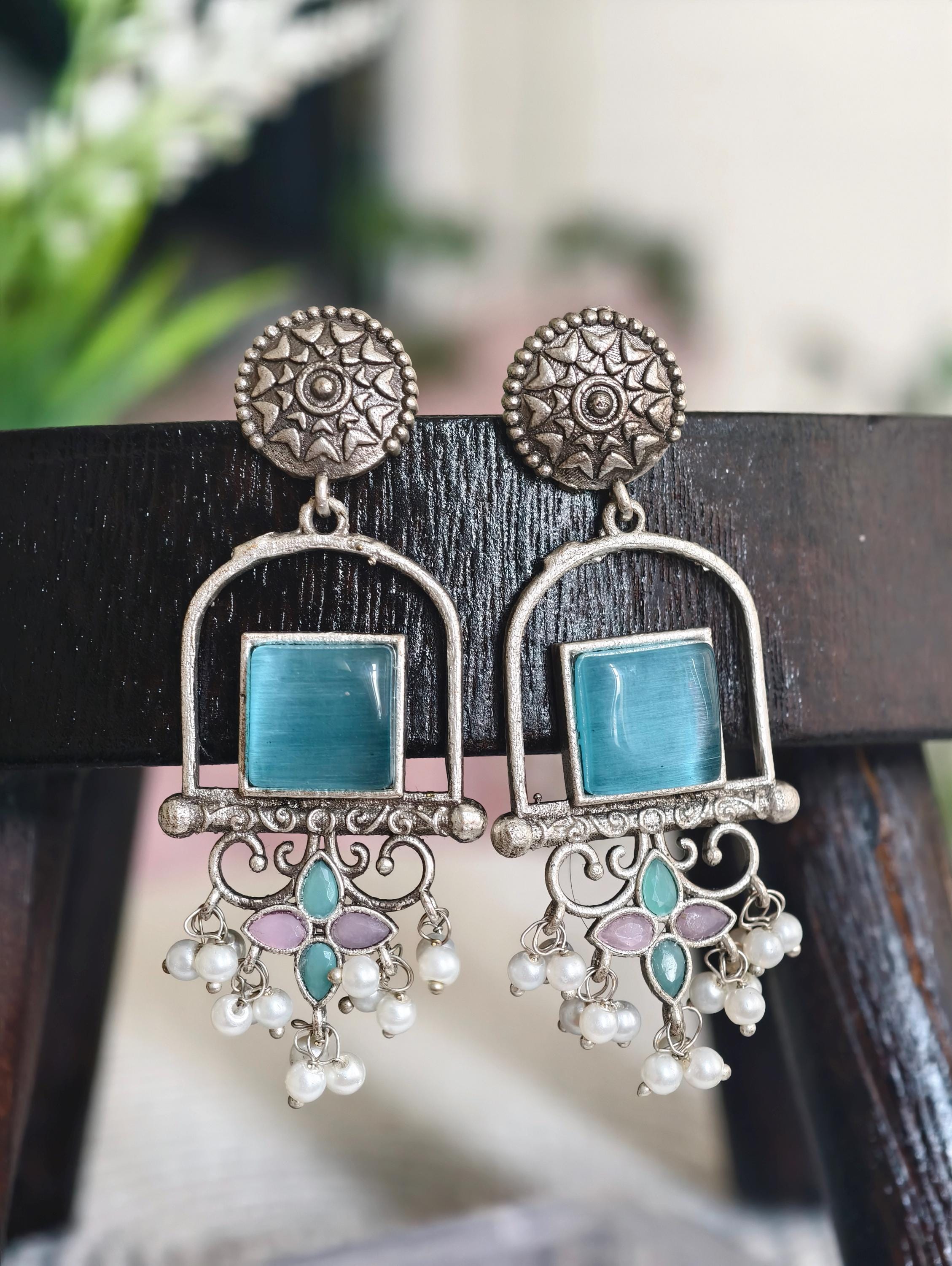 Silver Replica Earrings: Classy Indian Jewelry, Sky Blue Accent