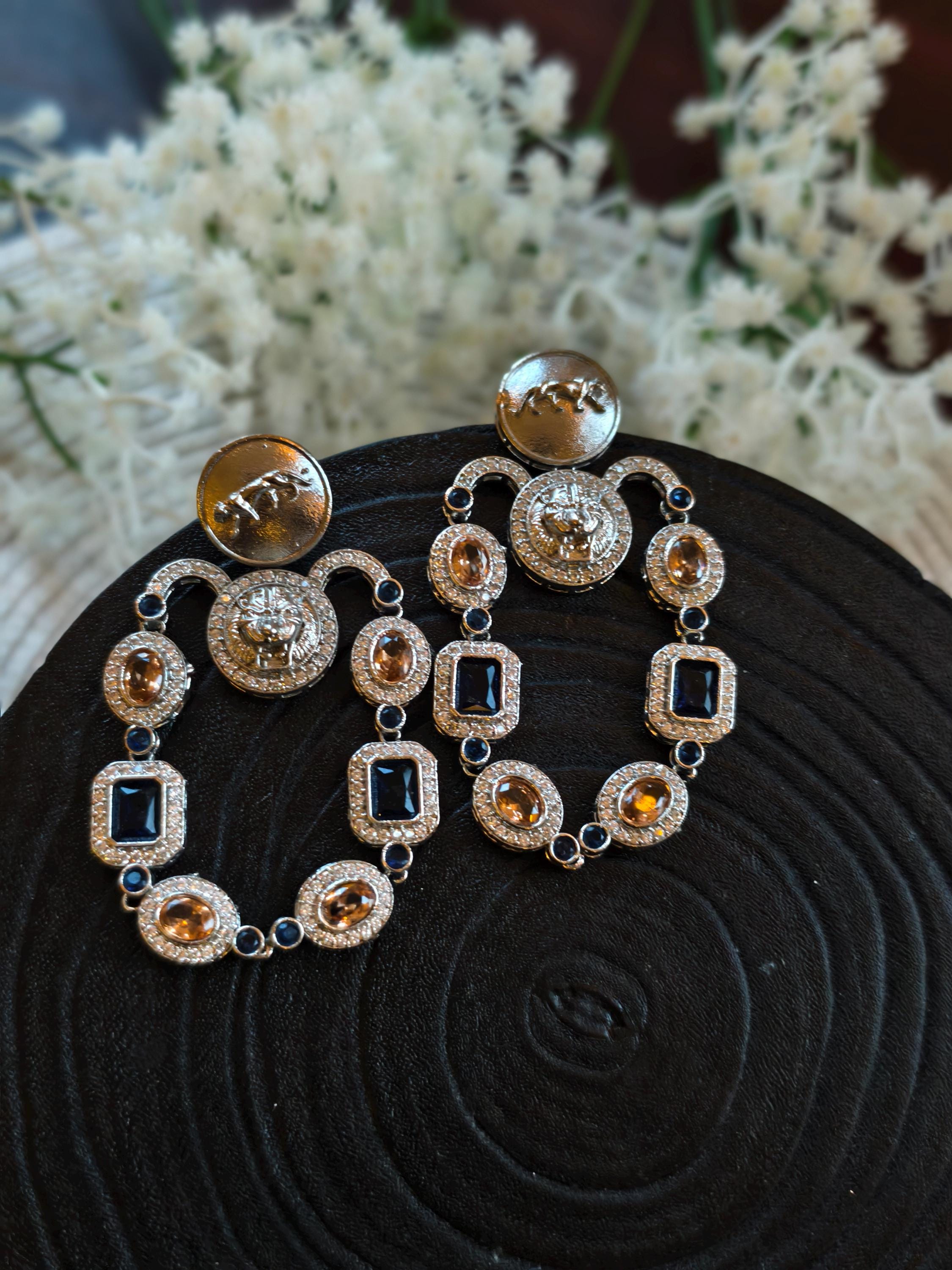 Sabyasachi Inspired Earrings: Silver Finish, Blue & Orange