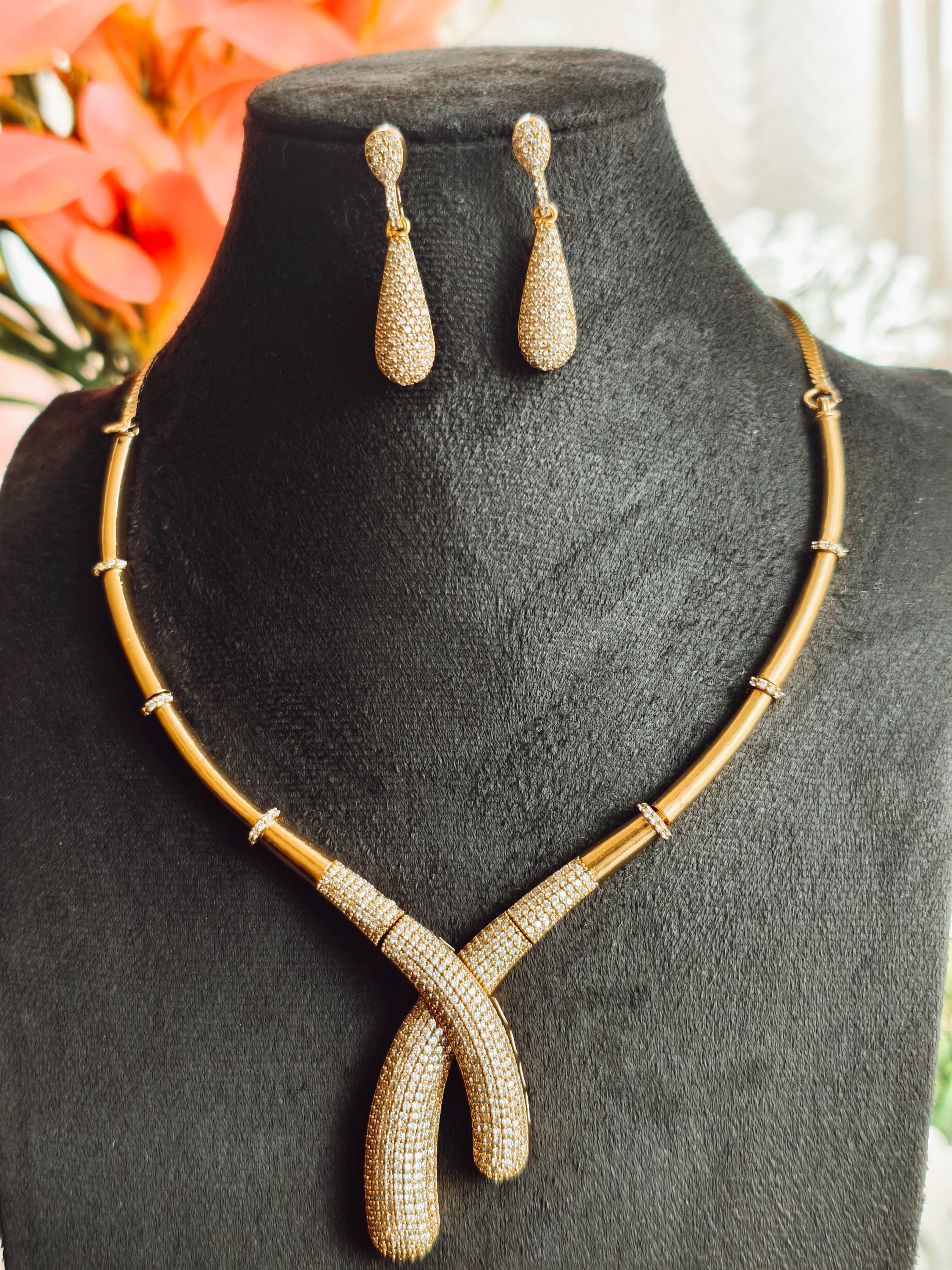 Gold Plated Zirconia Necklace Set | Teardrop Earrings, Indian Fusion Jewelry