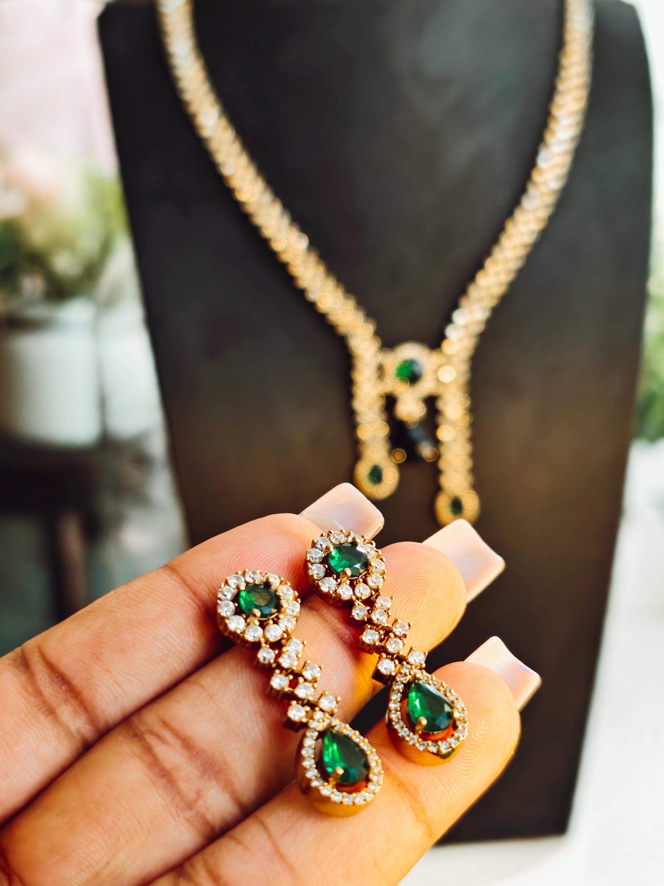 Trendy AD Stone Necklace: Gold Plated, Green Stone