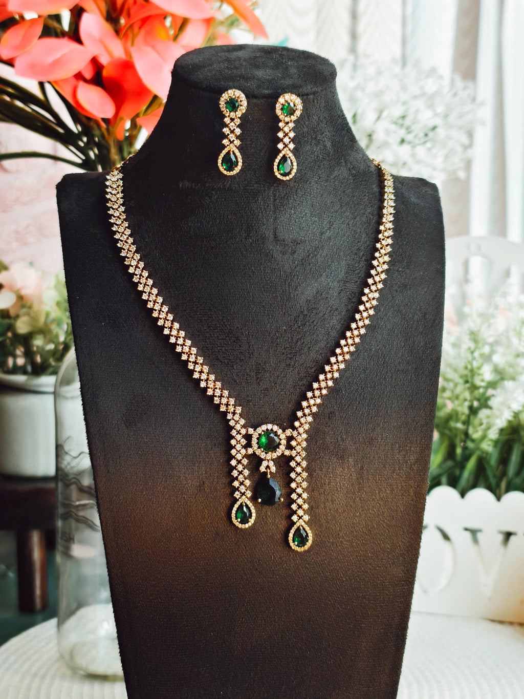 Trendy AD Stone Necklace: Gold Plated, Green Stone
