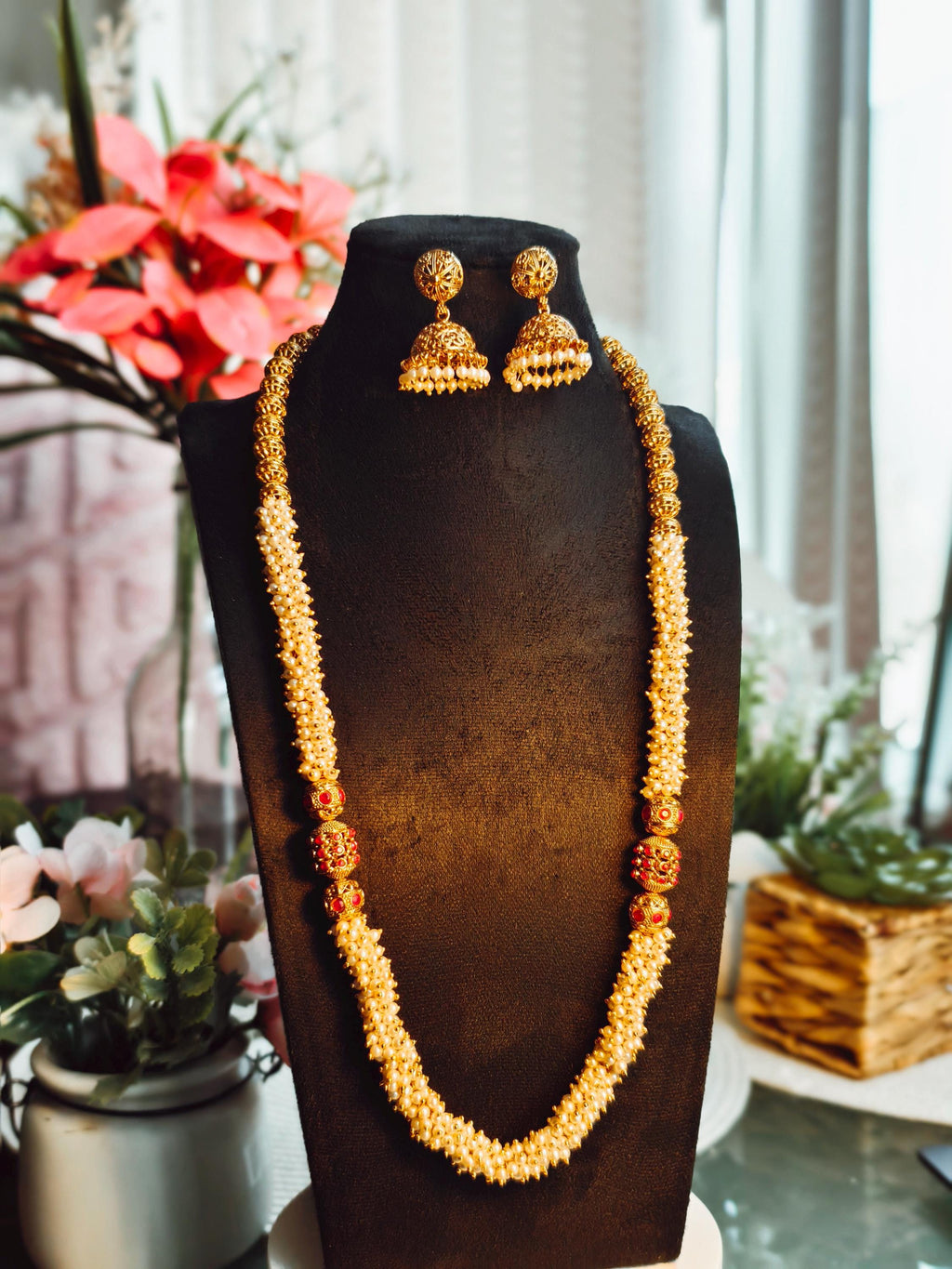 Antique Gold Jhumka Set | South Indian Pearl Mala Necklace