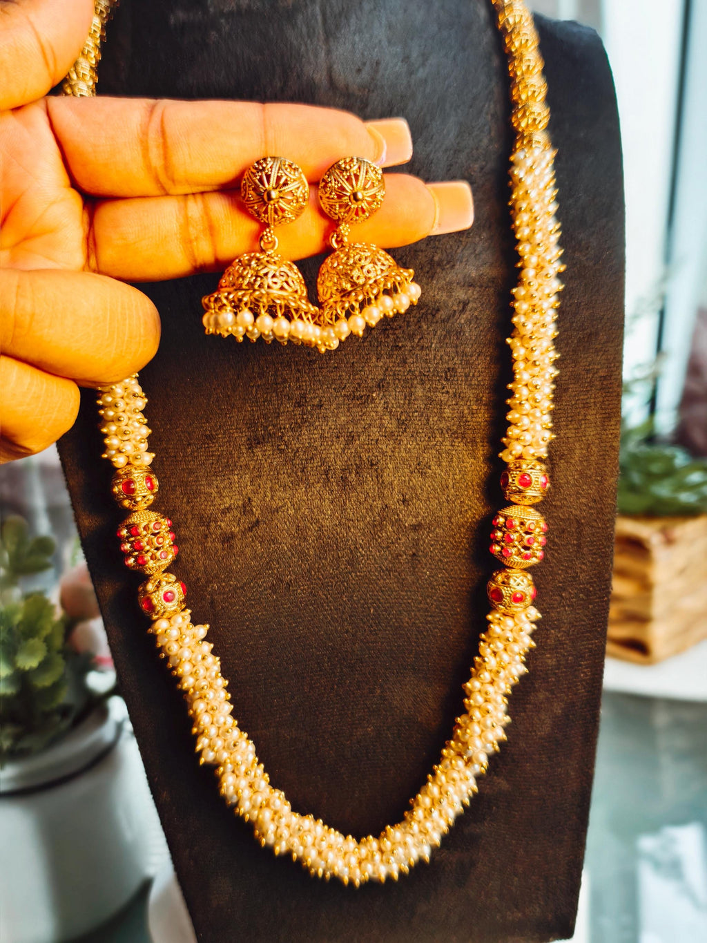 Antique Gold Jhumka Set | South Indian Pearl Mala Necklace