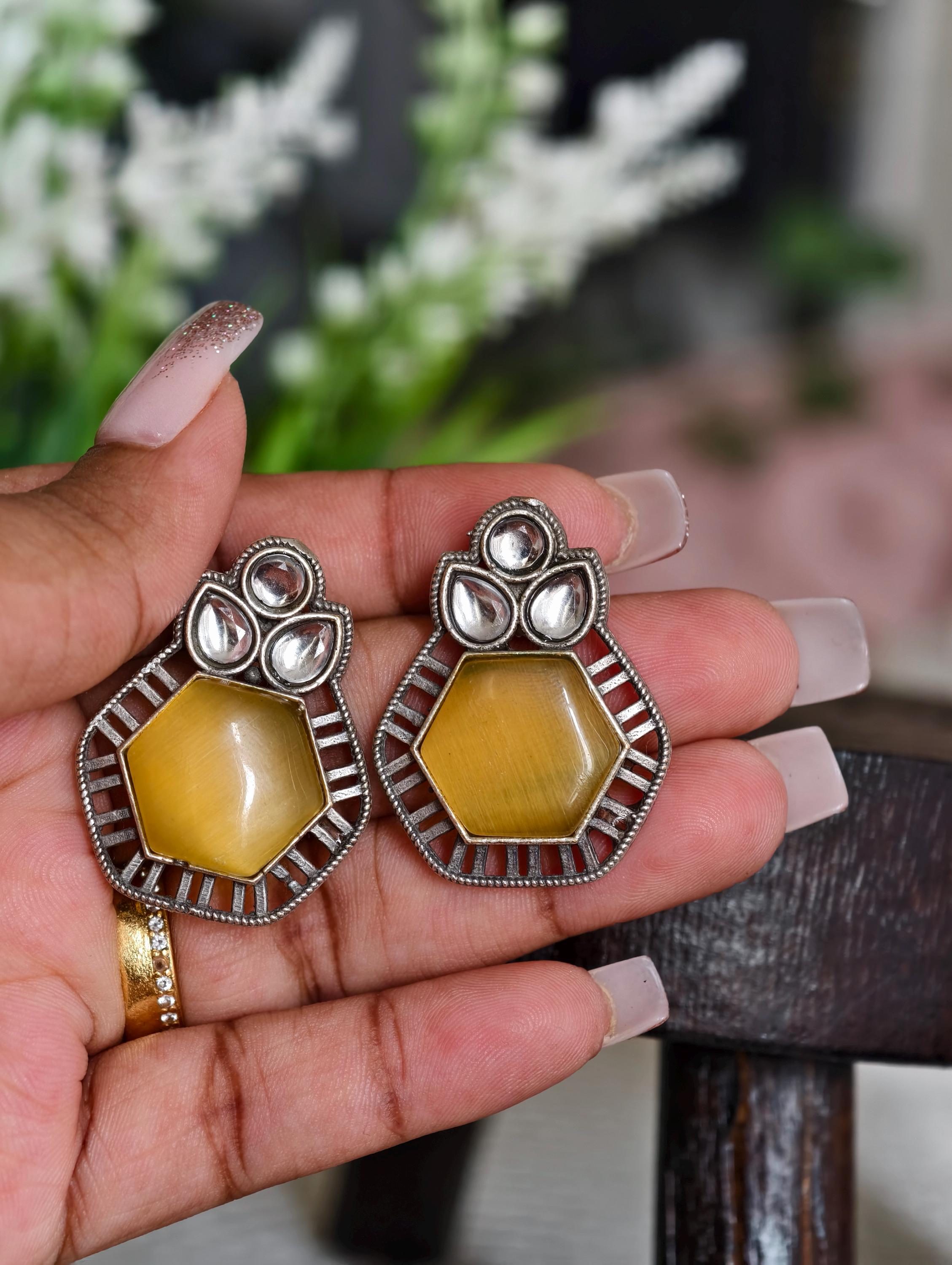 Silver Replica Earrings with Yellow Studs: Classy Indian Jewelry