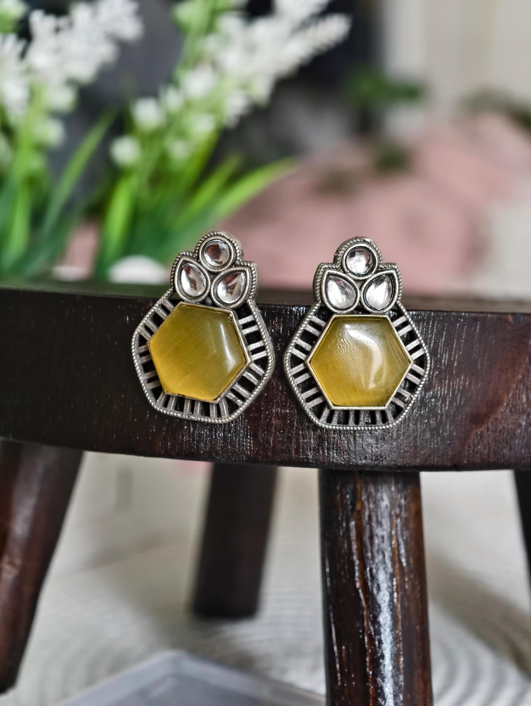 Silver Replica Earrings with Yellow Studs: Classy Indian Jewelry