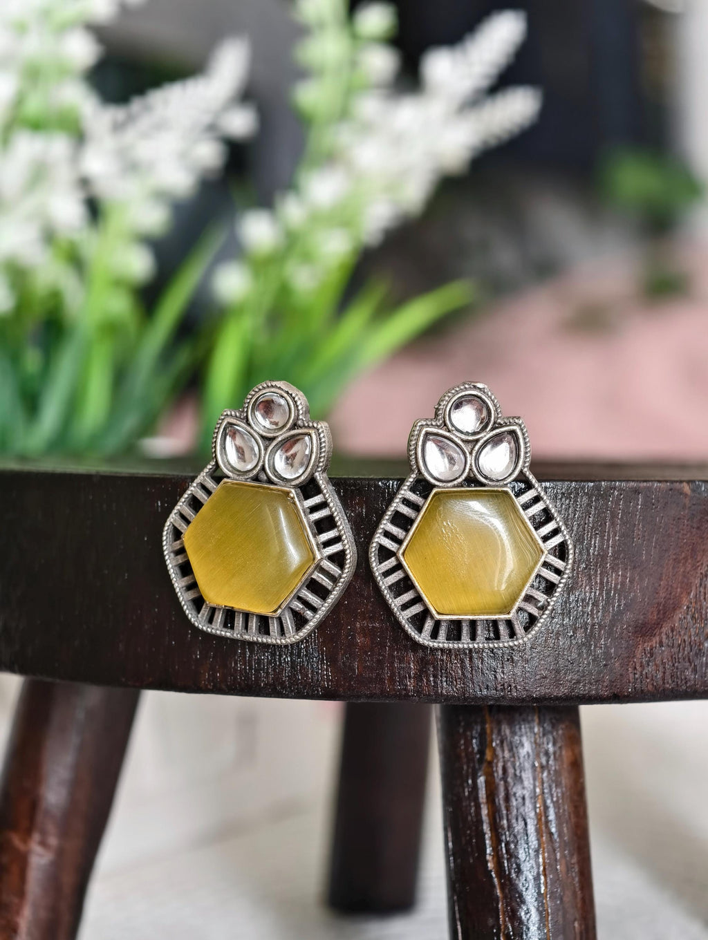 Silver Replica Earrings with Yellow Studs: Classy Indian Jewelry