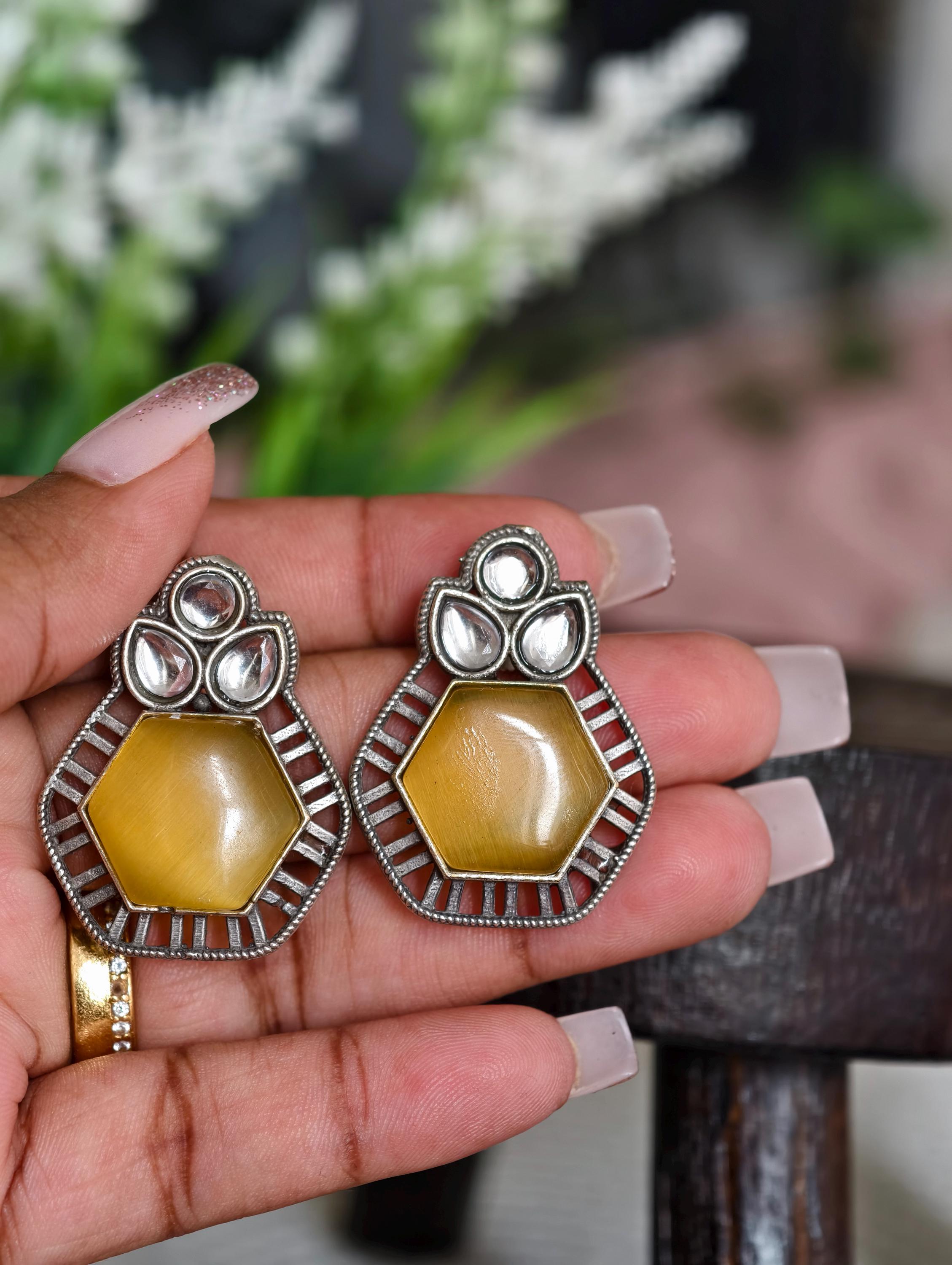 Silver Replica Earrings with Yellow Studs: Classy Indian Jewelry