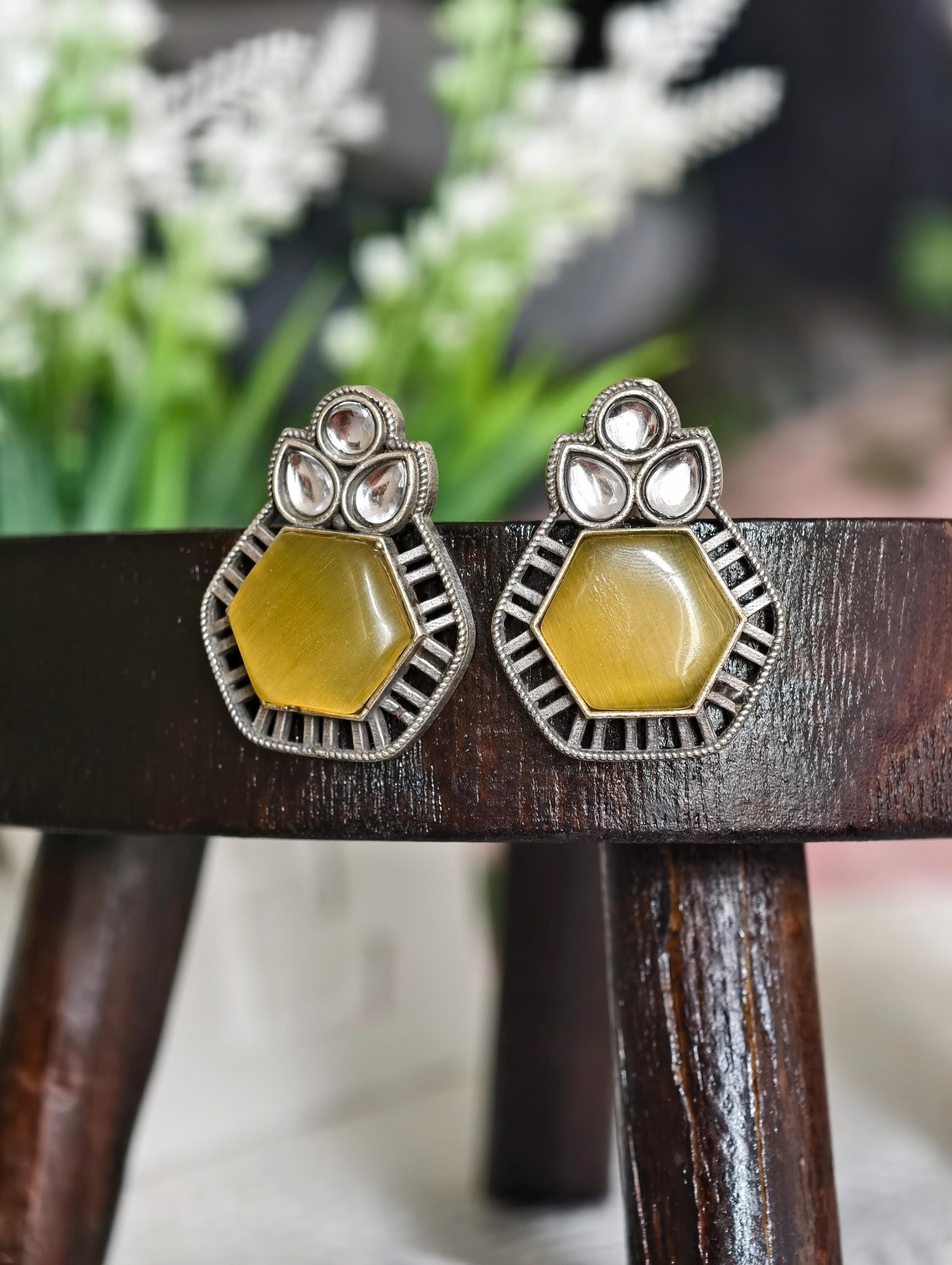 Silver Replica Earrings with Yellow Studs: Classy Indian Jewelry