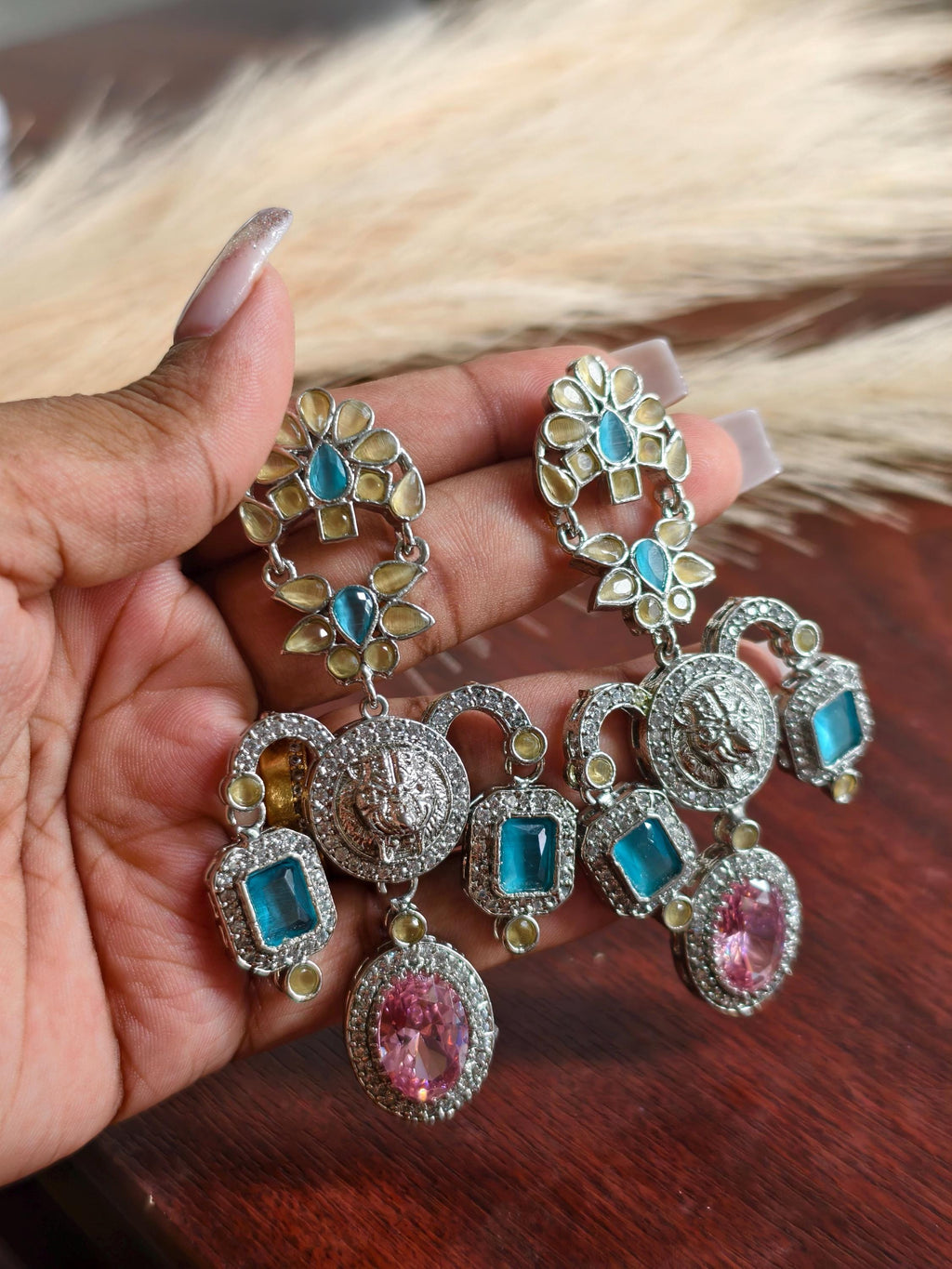 Sabyasachi Inspired Multicolour Earrings: Silver Finish Bridal Jewelry