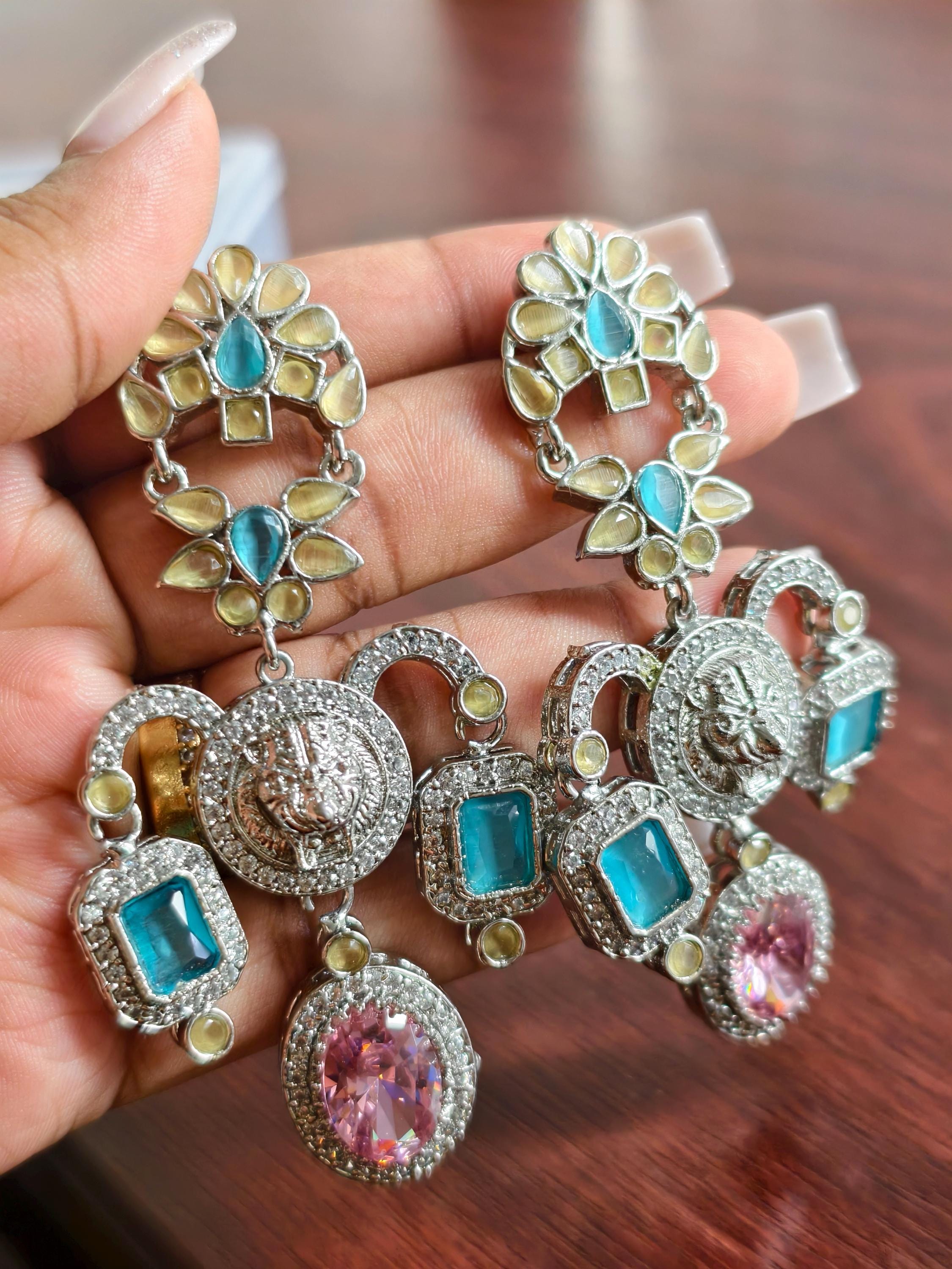 Sabyasachi Inspired Multicolour Earrings: Silver Finish Bridal Jewelry