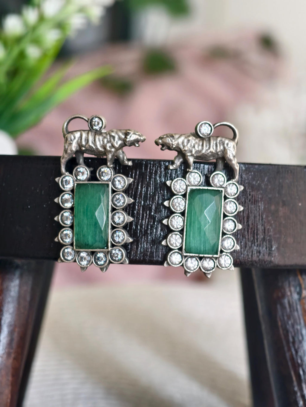 Bengal Tiger Emerald Green Studs | Victorian Finish Indian Earrings