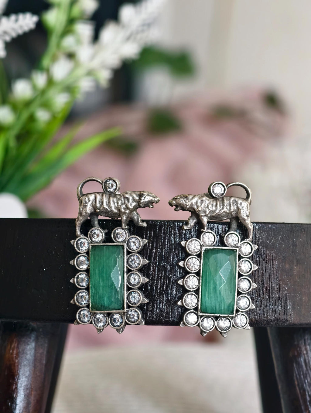 Bengal Tiger Emerald Green Studs | Victorian Finish Indian Earrings