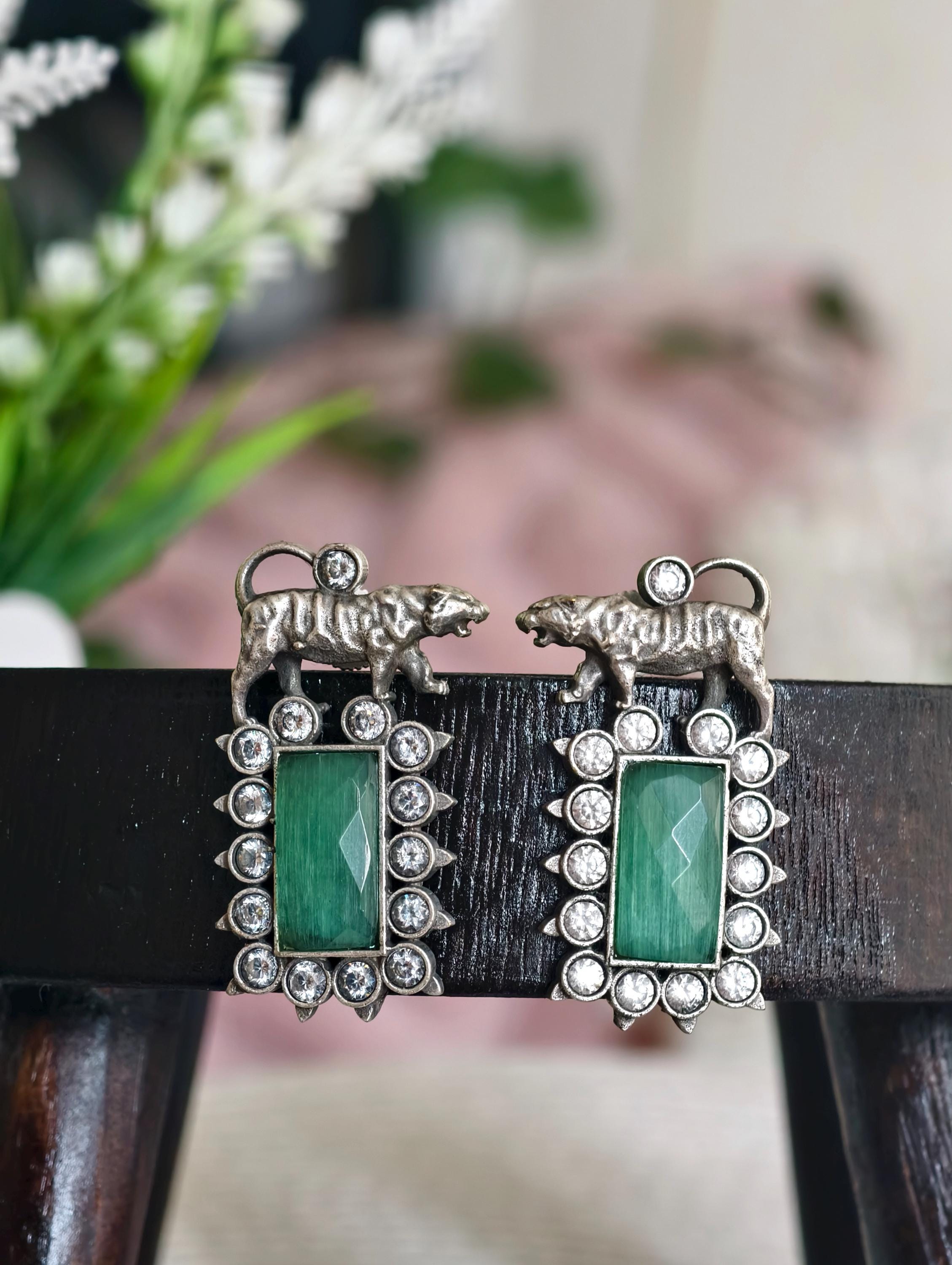Bengal Tiger Emerald Green Studs | Victorian Finish Indian Earrings