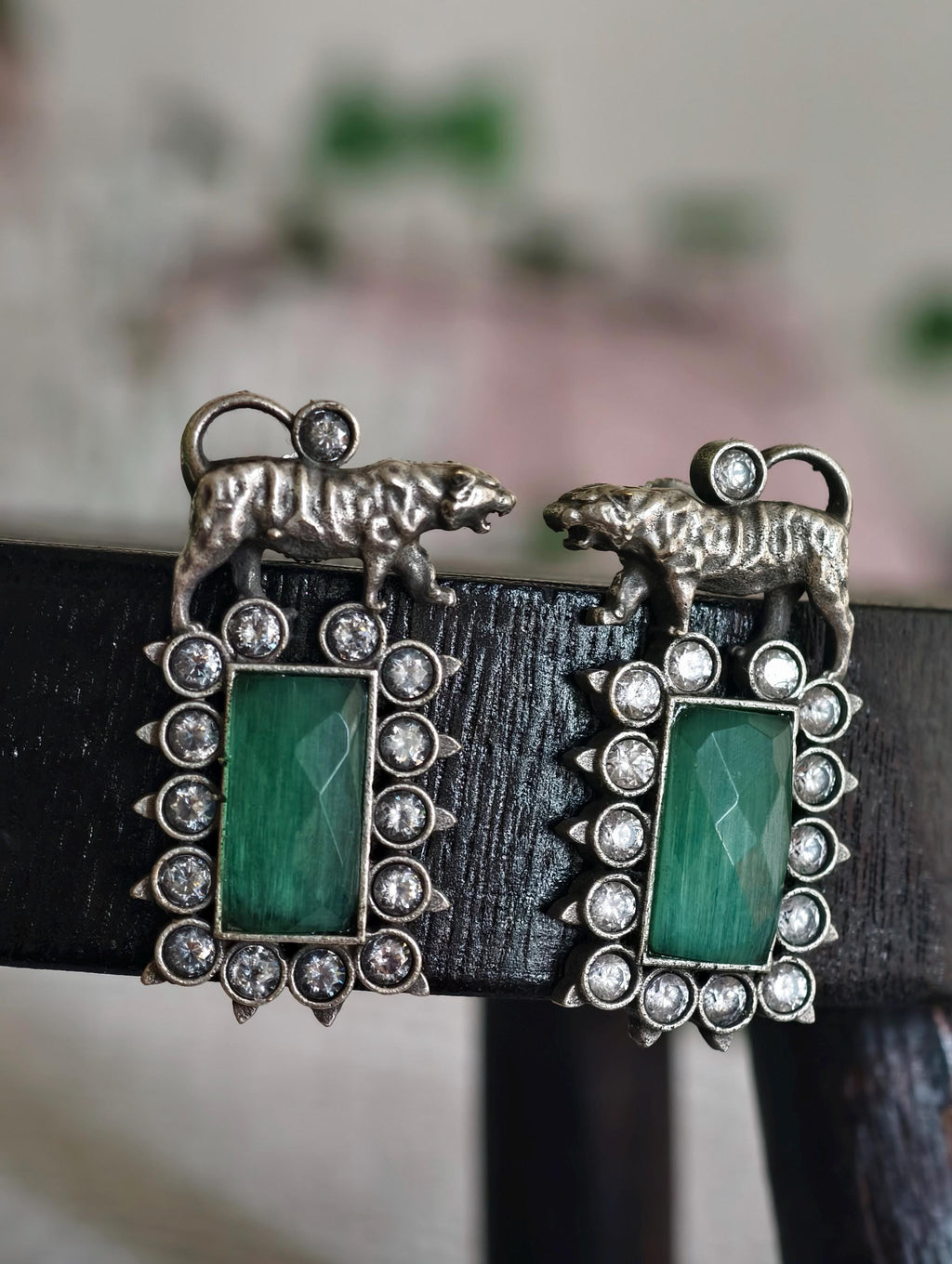 Bengal Tiger Emerald Green Studs | Victorian Finish Indian Earrings