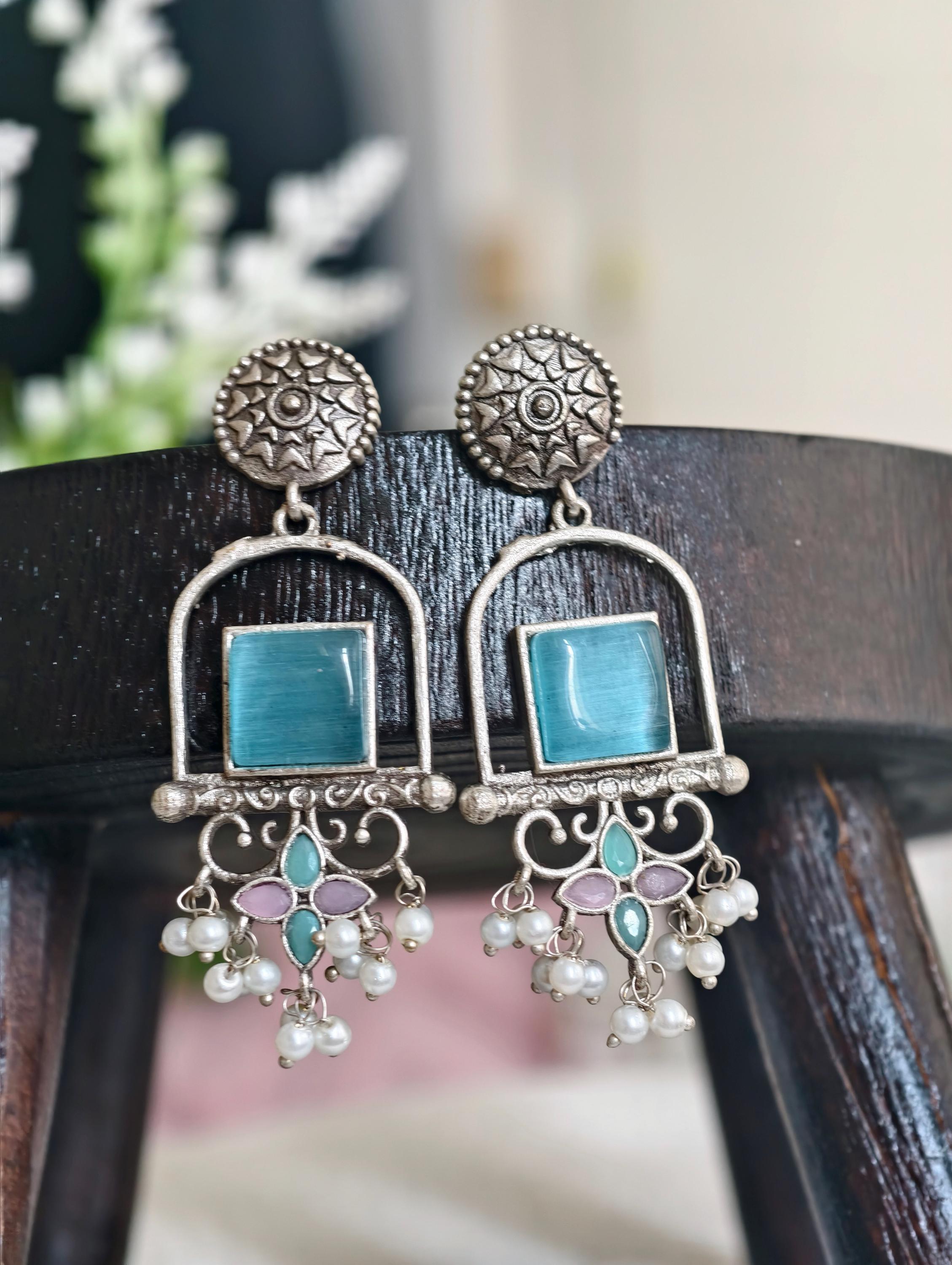 Silver Replica Earrings: Classy Indian Jewelry, Sky Blue Accent